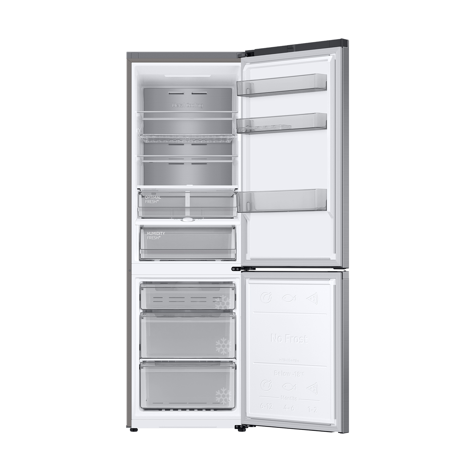 Un refrigerador abierto con enfriamiento metálico, estantes y cajones. Con Optimal Fresh+.