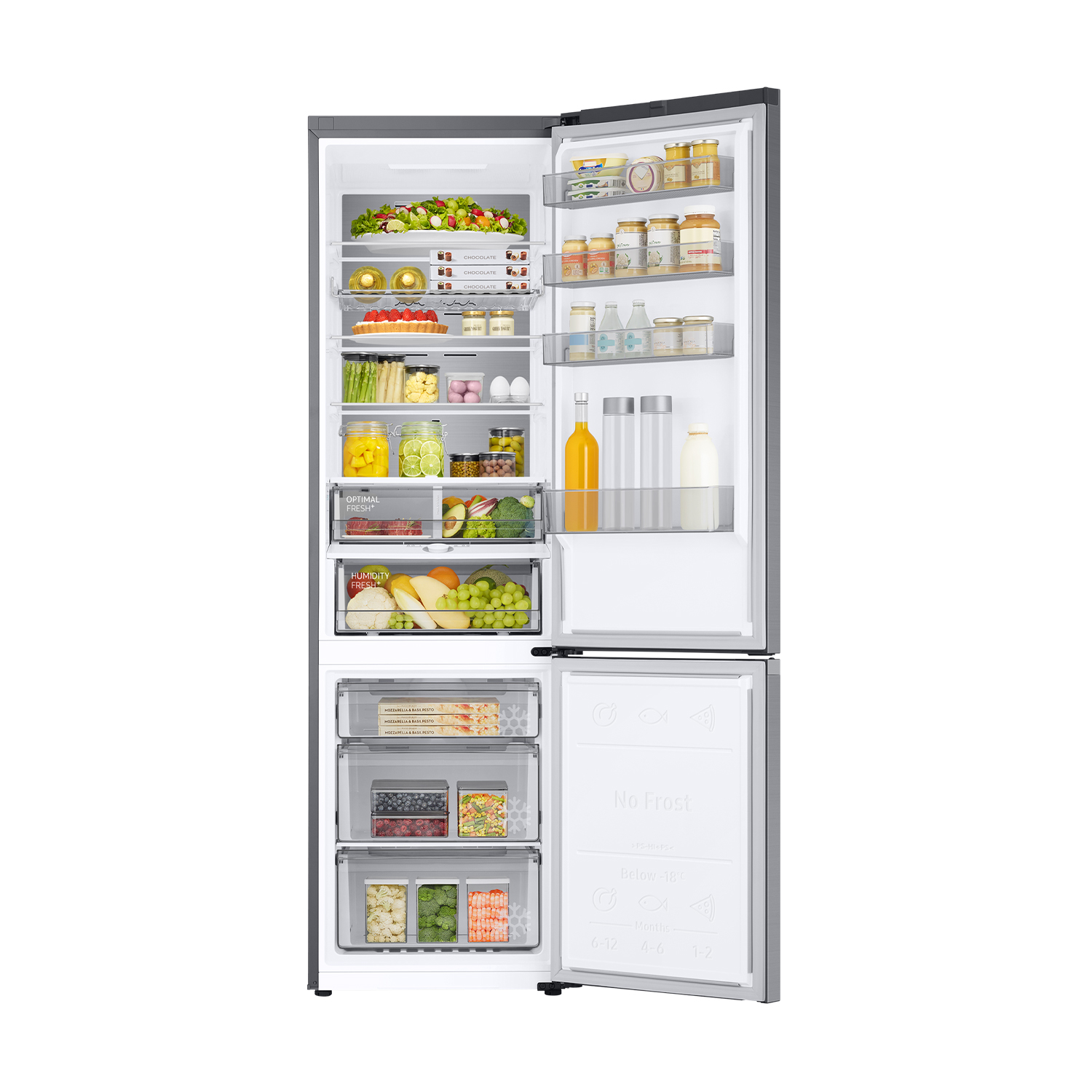 Refrigerador abierto con alimentos y cajones.