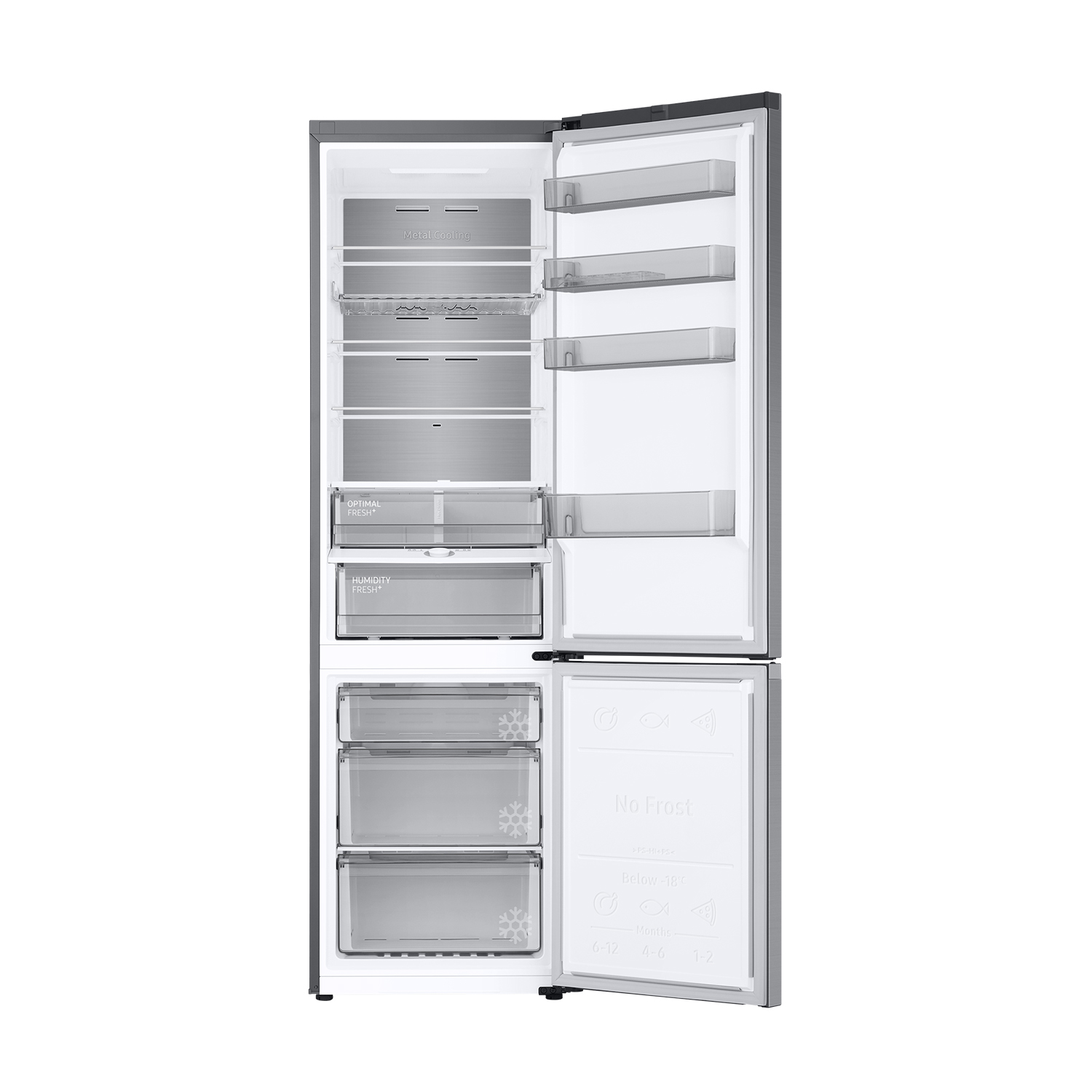 Refrigerador abierto con múltiples estantes, cajones y un compartimento 'No Frost'.