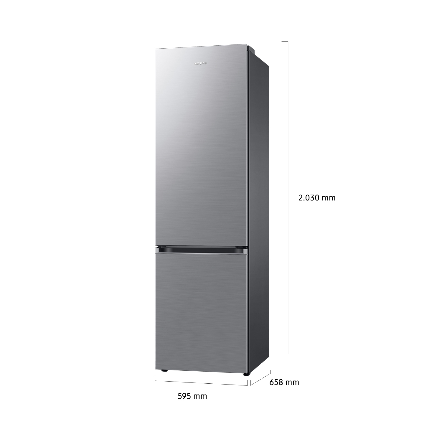 Refrigerador Samsung gris con dimensiones 59,5x65,8x203cm.