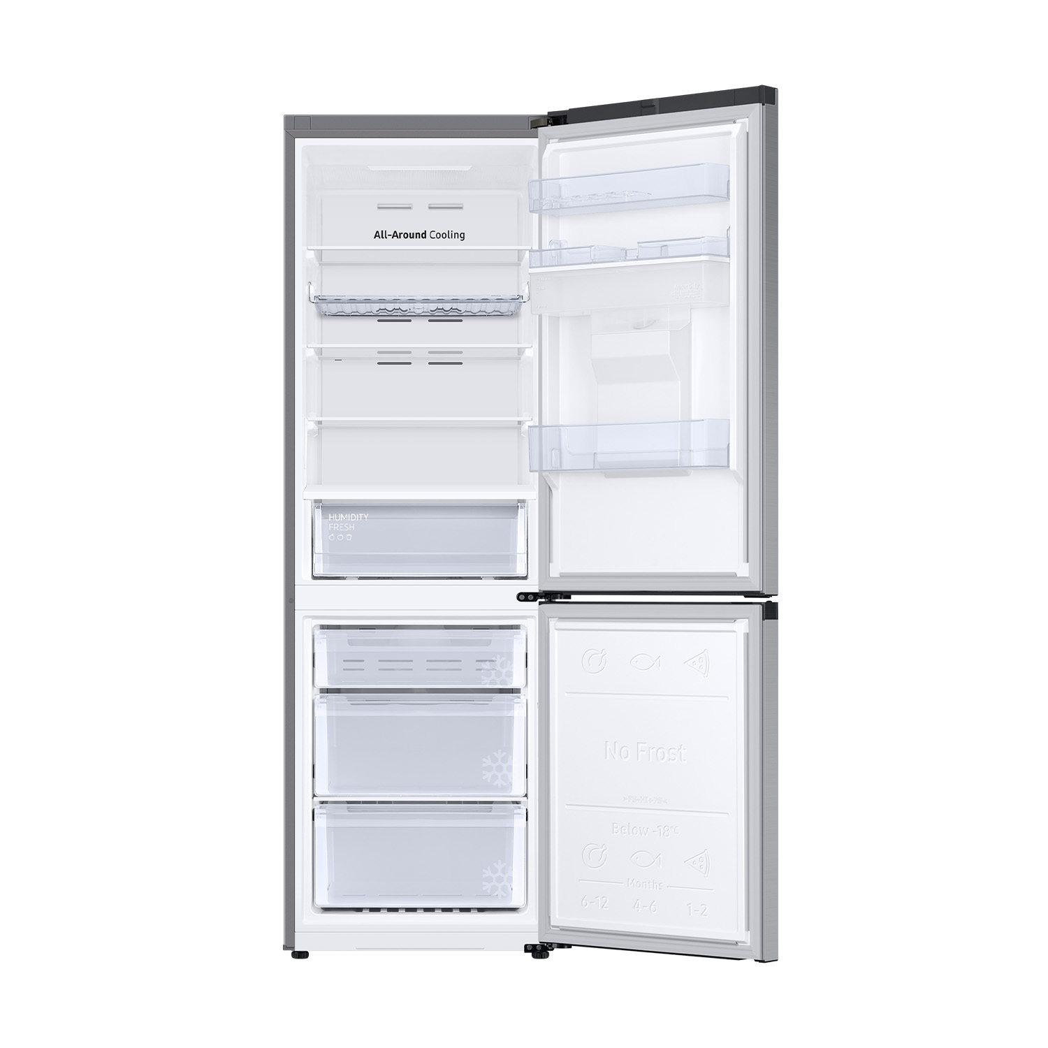 Interior abierto de refrigerador blanco con estantes, cajones y compartimento congelador 'No Frost'.