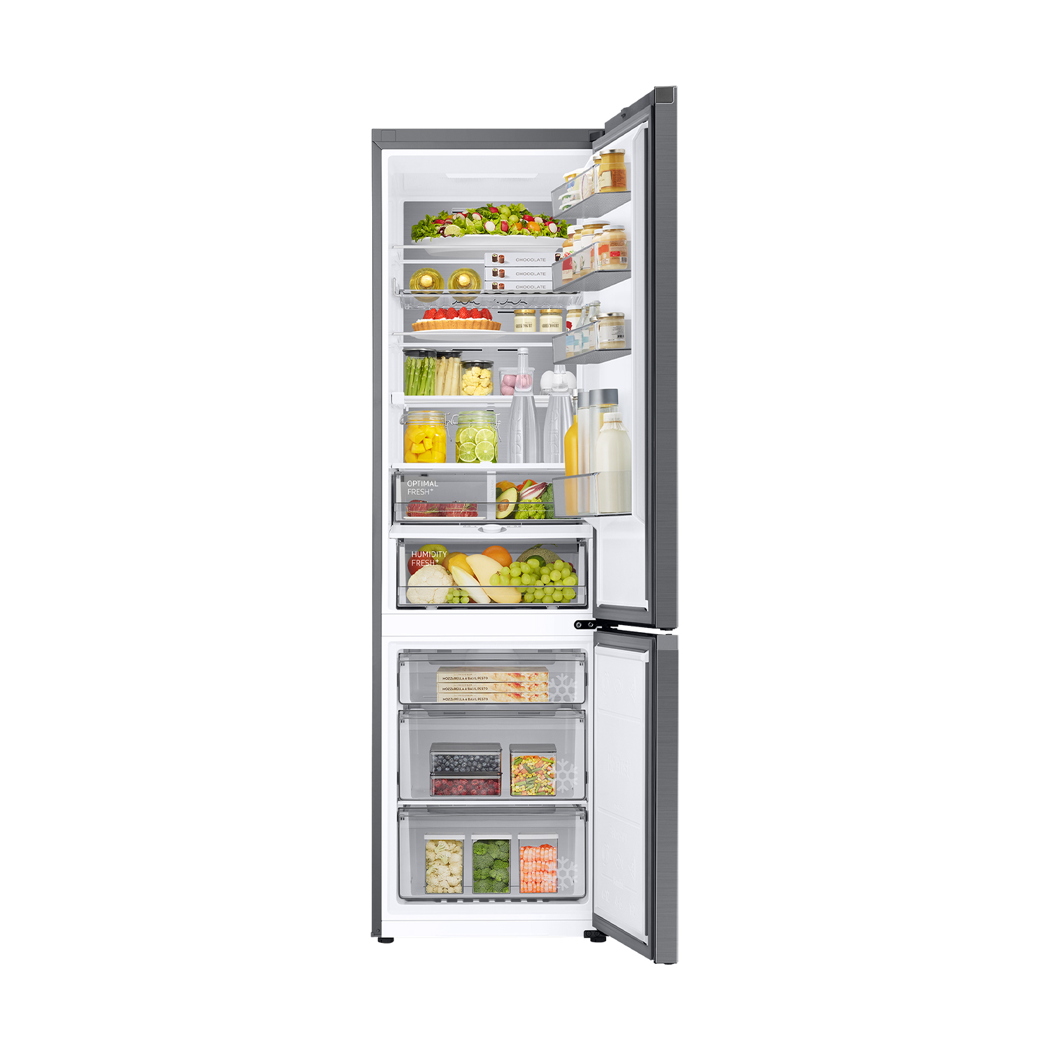 Un refrigerador abierto lleno de comida, de ensalada a camarones congelados.