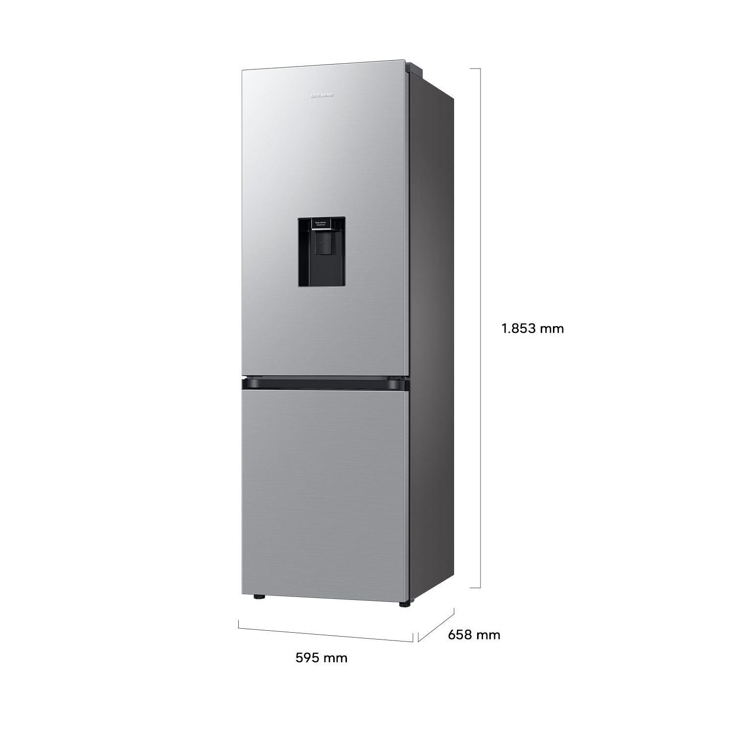 Un refrigerador plateado con dispensador de agua y etiquetas de dimensiones.