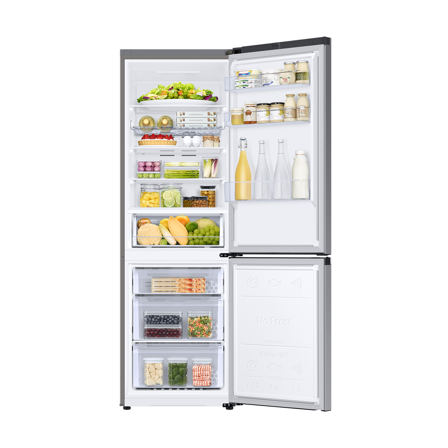 Refrigerador abierto lleno de alimentos y cajones.
