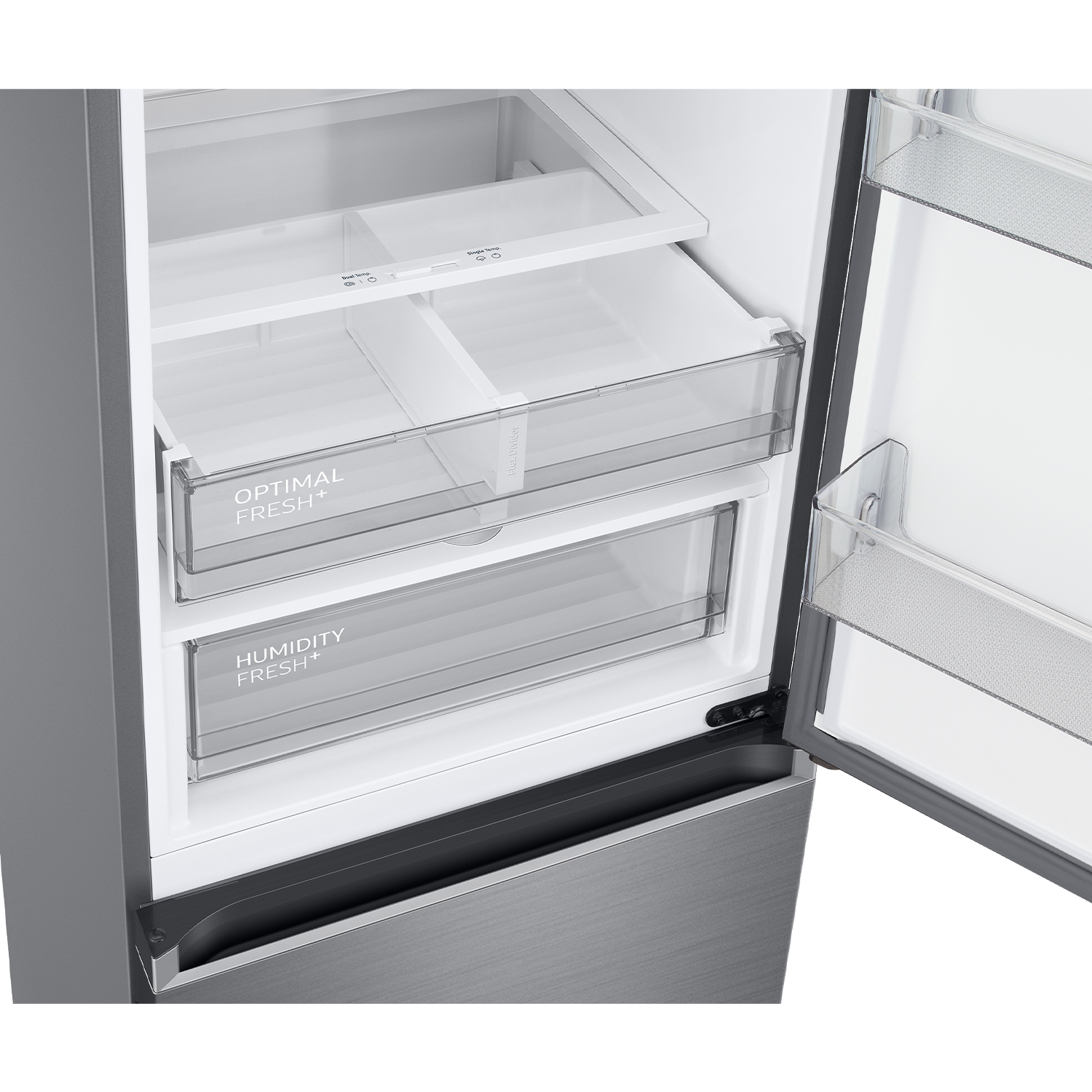 Vista interior de un refrigerador con dos cajones, uno etiquetado "Optimal Fresh+".
