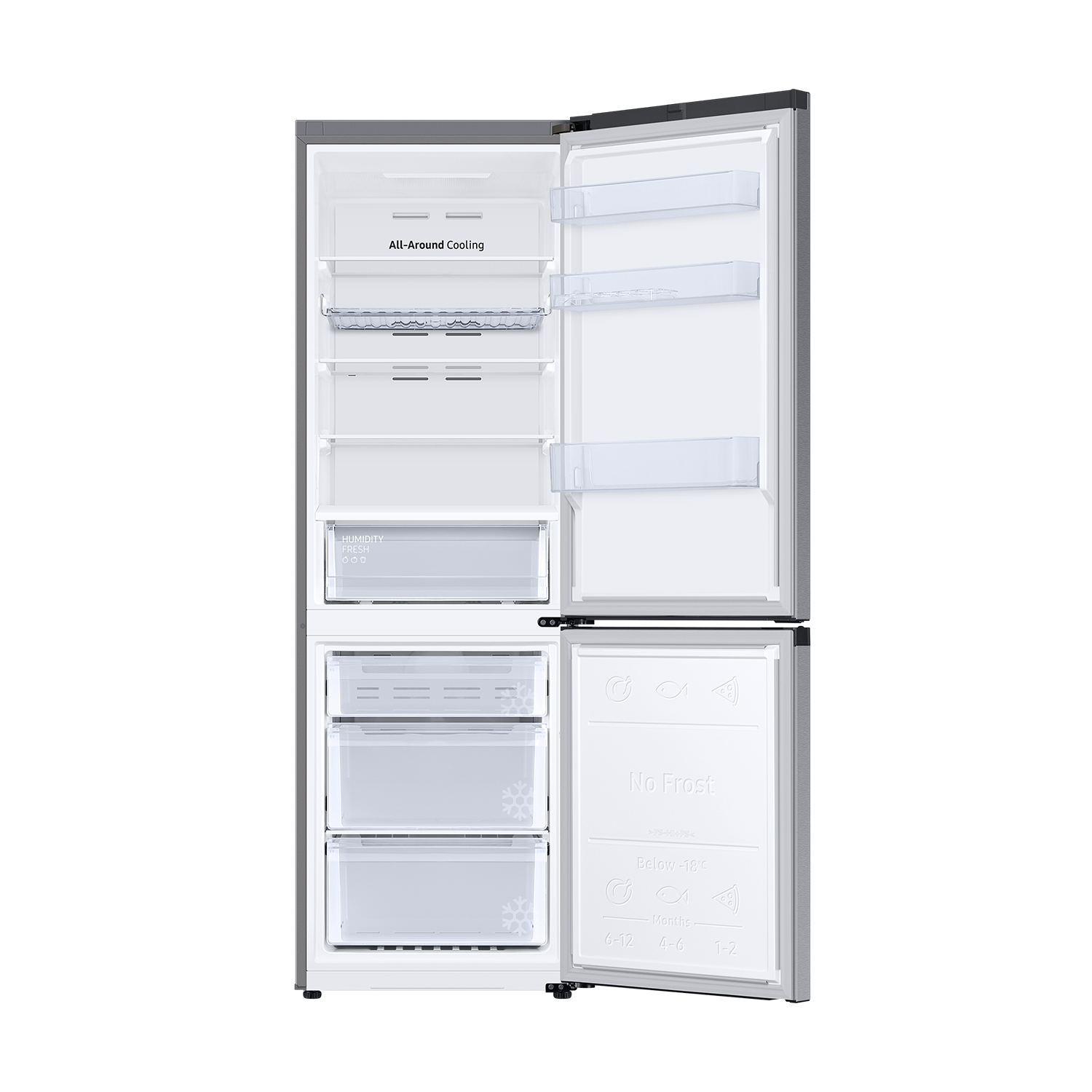 Un refrigerador abierto con varios estantes, cajones y un compartimento congelador.