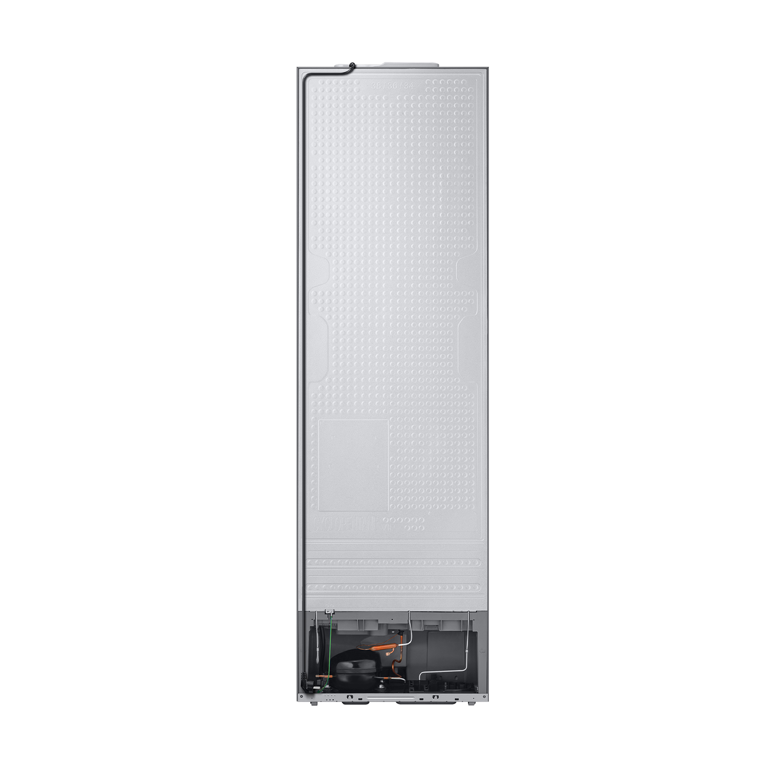 Parte trasera de un refrigerador mostrando componentes como compresor y tuberías.