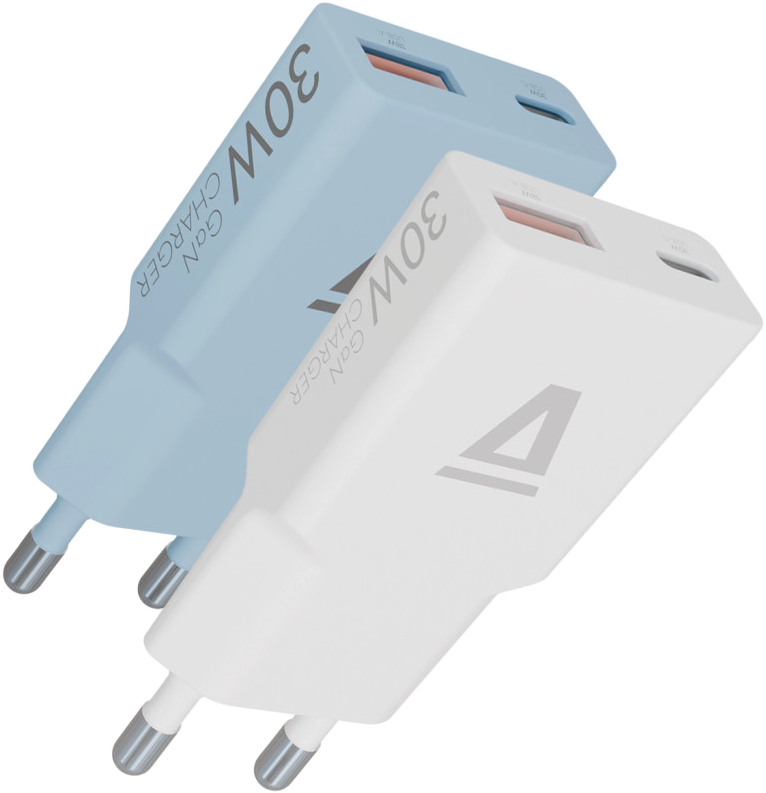 AVAX Hálózati gyorstöltő 2 db, USB-C és USB-A, 30W, GaN, fehér+ világoskék (2 X CH641W+LB)