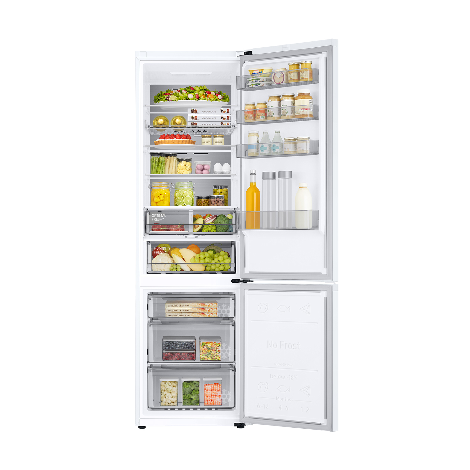 Refrigerador blanco abierto con alimentos: frutas, verduras, bebidas, lácteos y congelados.
