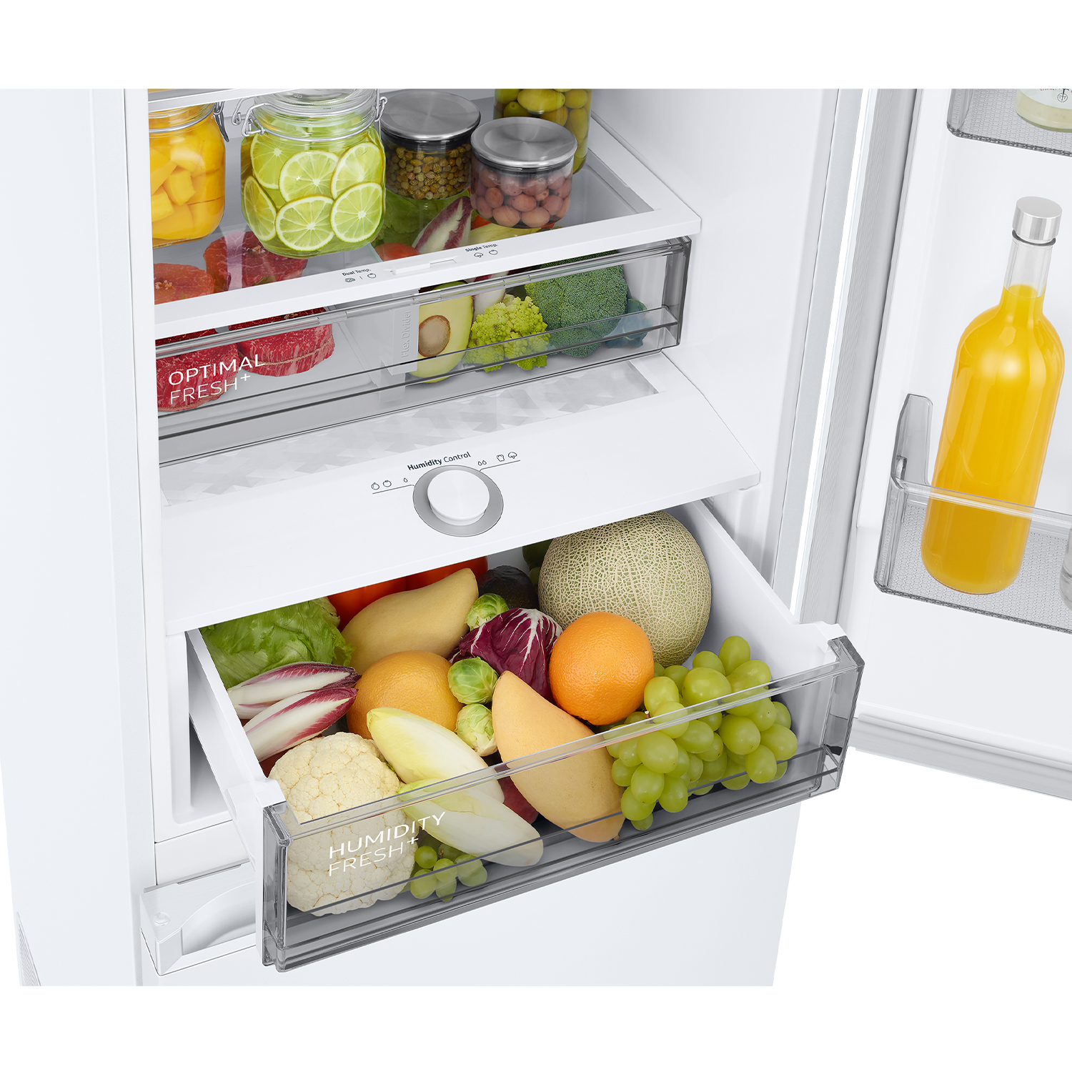 Un refrigerador abierto lleno de frutas, verduras y carne.