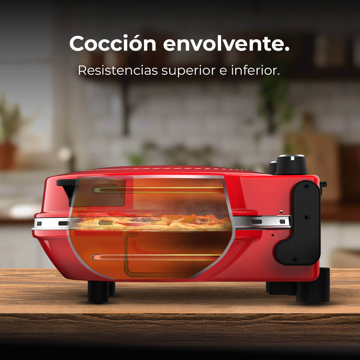 Un horno rojo con vista seccionada mostrando una pizza horneándose.
