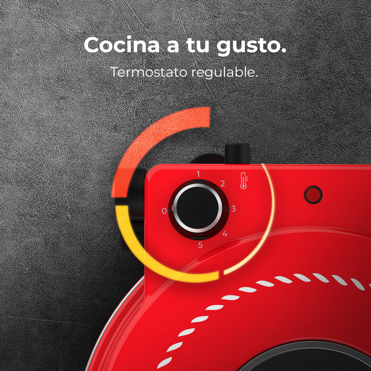 Un aparato rojo con un dial de temperatura del 0 al 5.