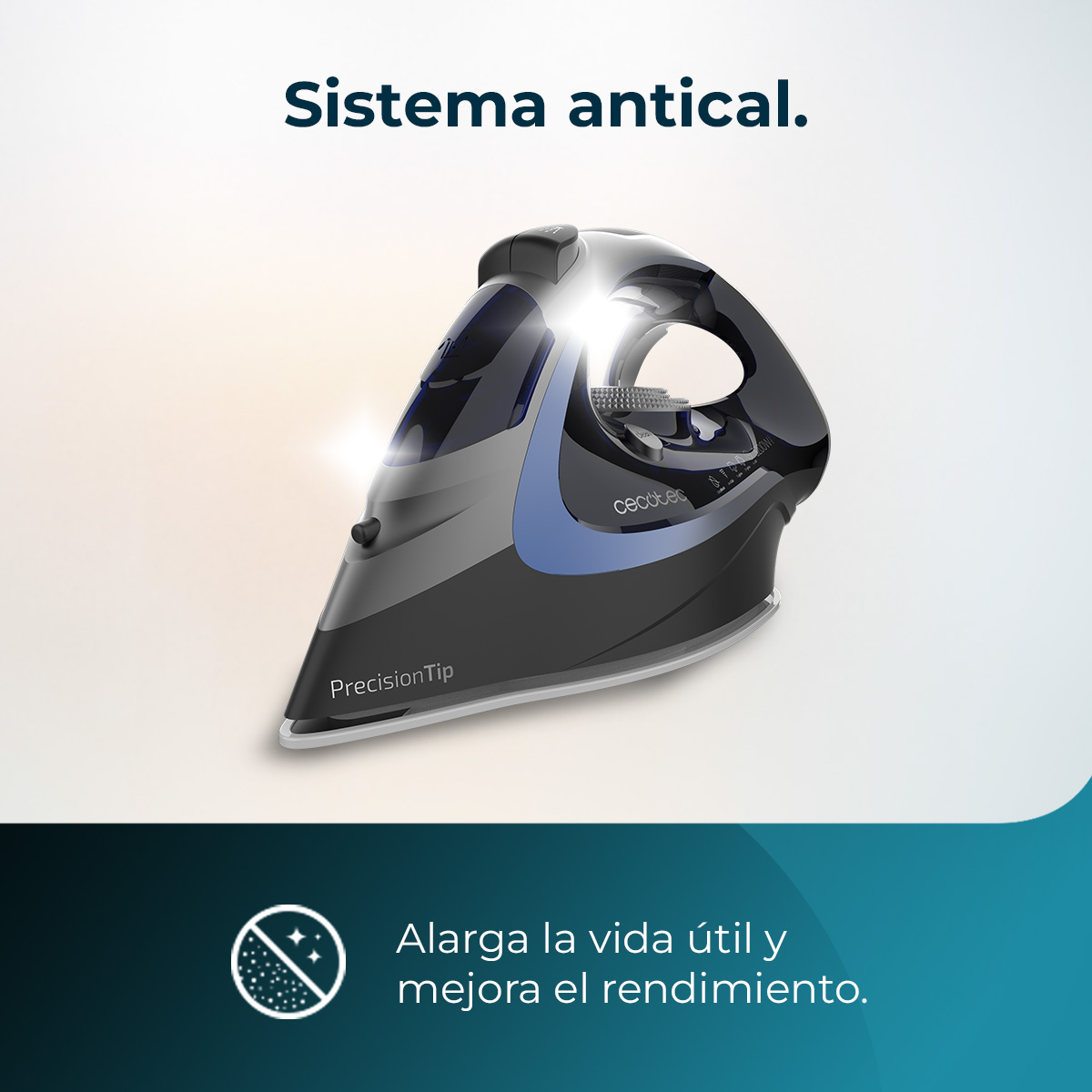 Una plancha moderna negra con detalles azules, con la etiqueta "Precision Tip".