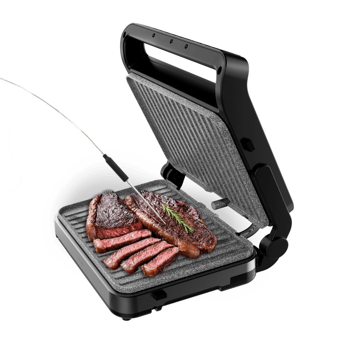 Una parrilla de contacto abierta con filetes cocidos y un termómetro.