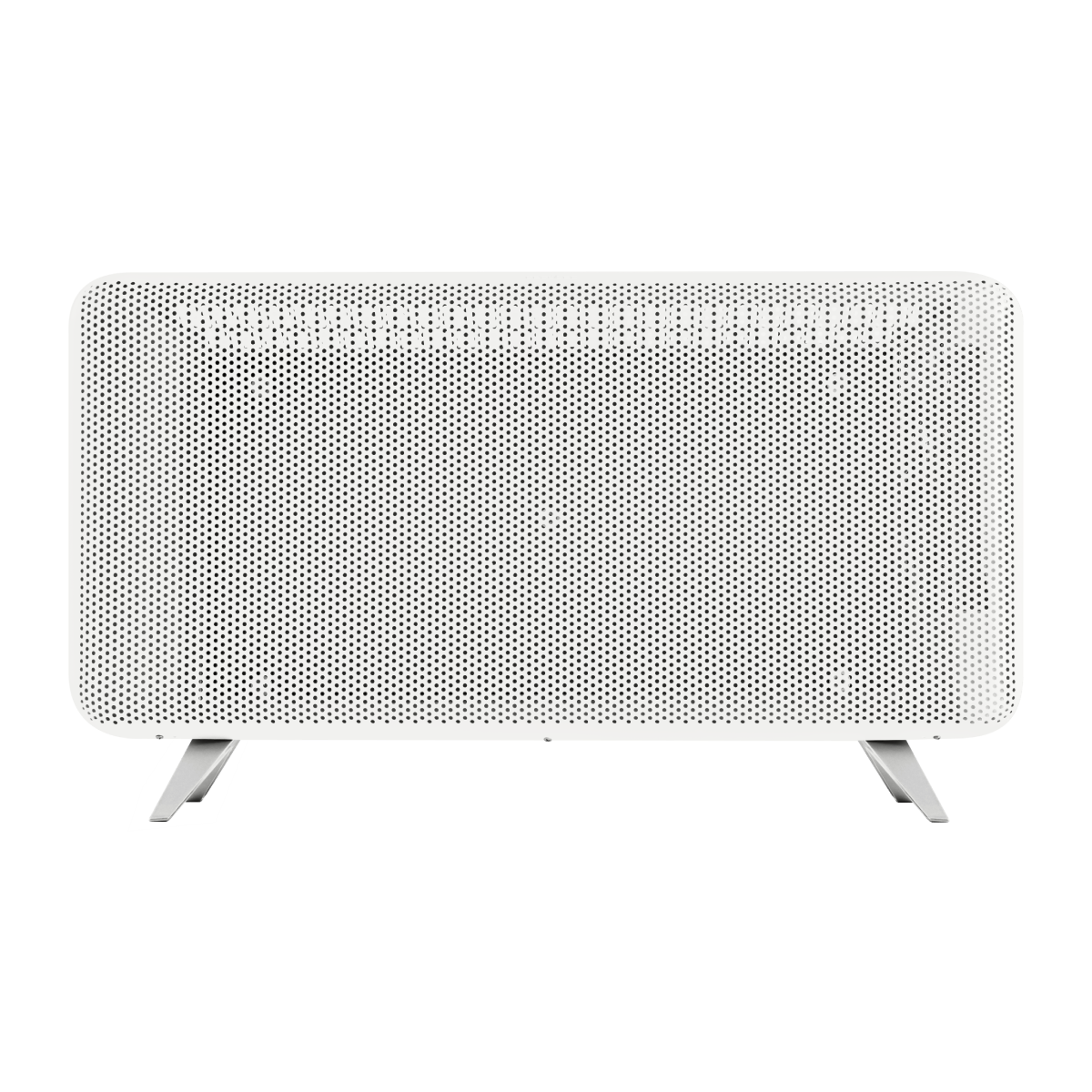 Un radiador blanco con frontal perforado y dos patas.