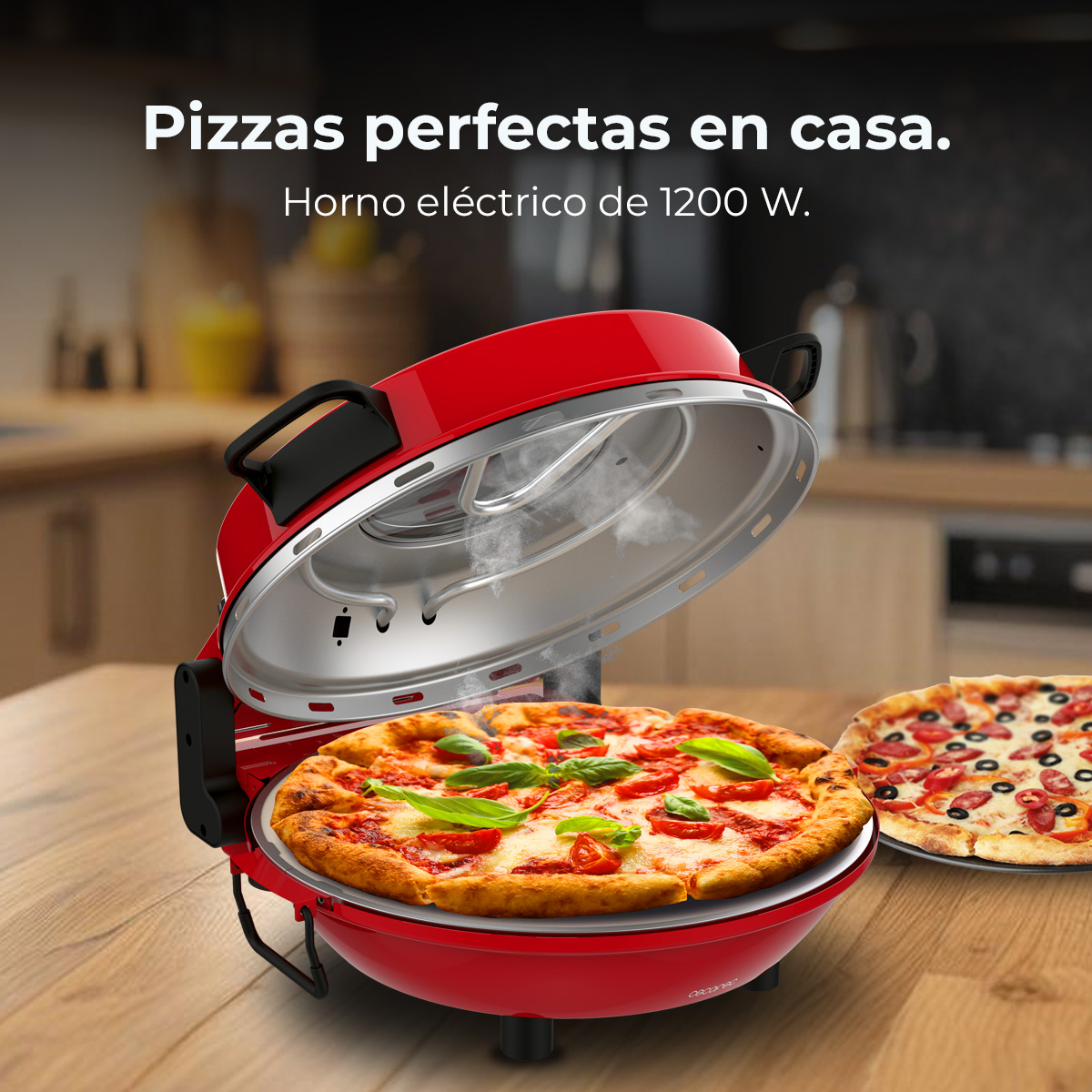 Un horno para pizza rojo con dos pizzas, una margarita y una de salami.