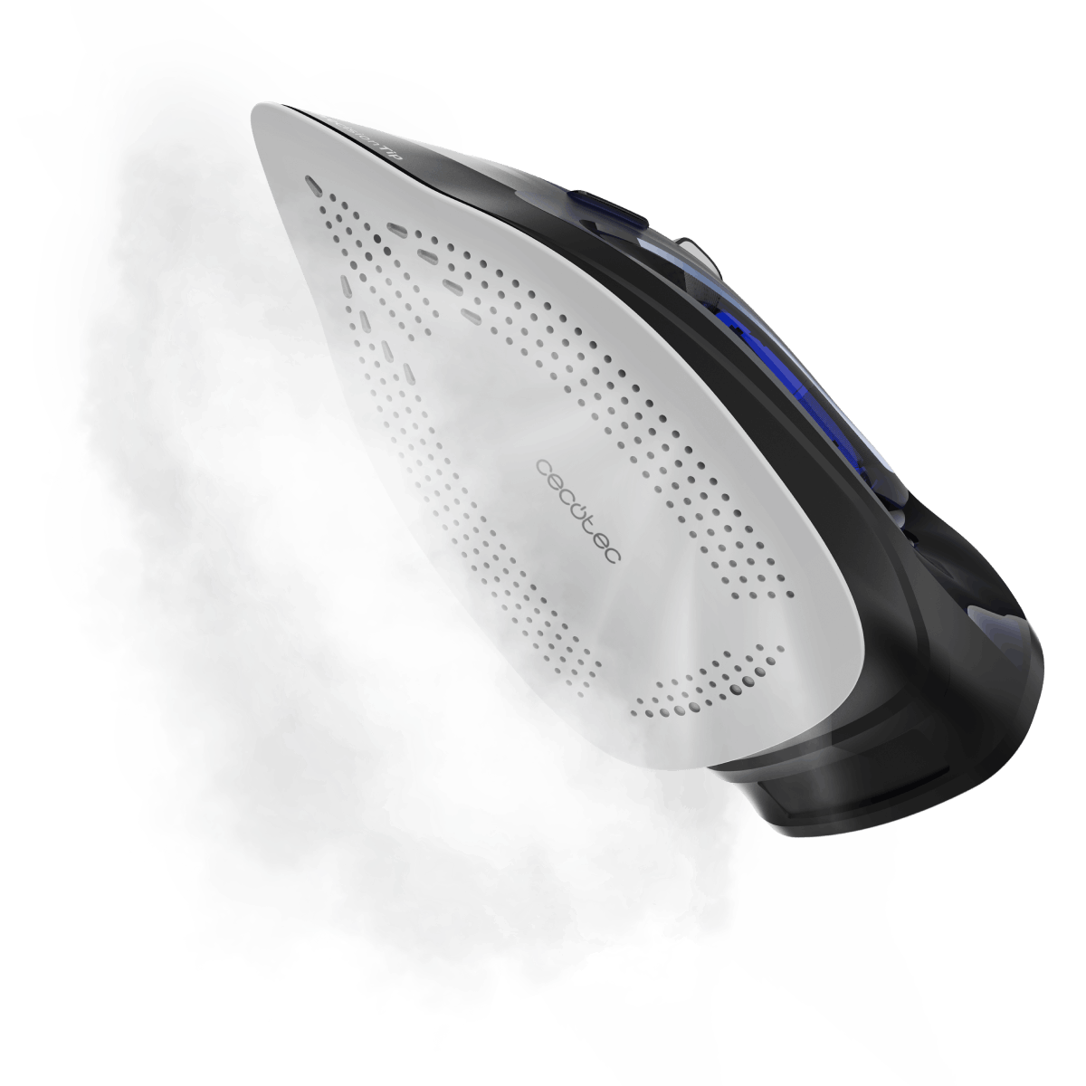 Una plancha blanca y negra con suela perforada, emitiendo vapor.