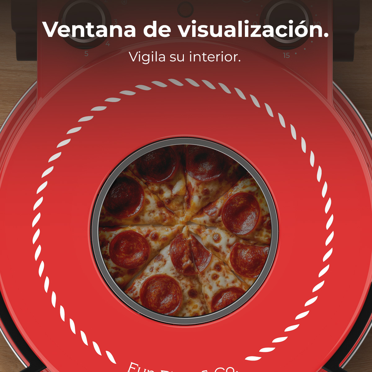 Horno de pizza rojo con pizza visible en la ventana. Parte superior con diales.
