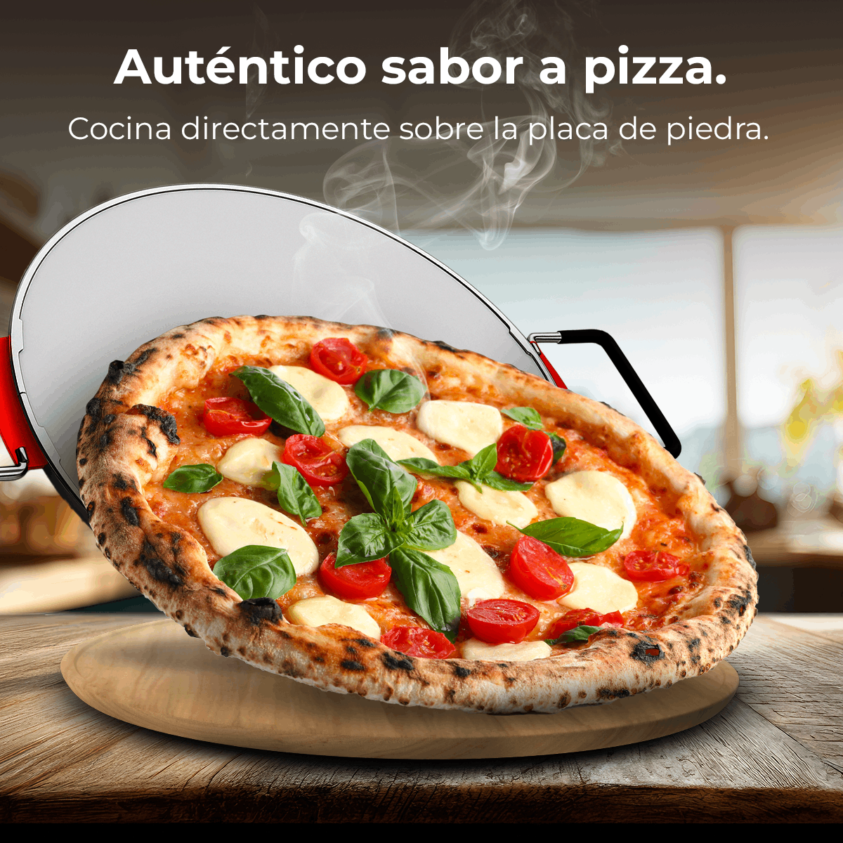 Una pizza humeante con mozzarella, tomate y albahaca sobre piedra.