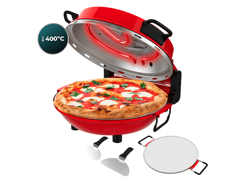 Horno para pizzas - Cecotec Fun Pizza&Co Mamma Mía Window, 1200W con piedra, 400 ºC, Pizza en 5 min, Temporizador 15 min y palas de acero, Rojo