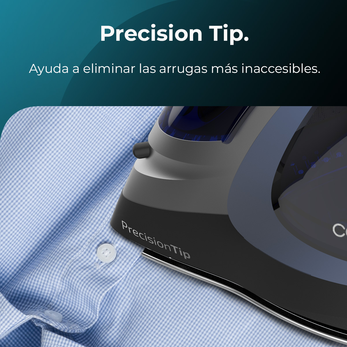 Una plancha con punta de precisión sobre una camisa de cuadros.
