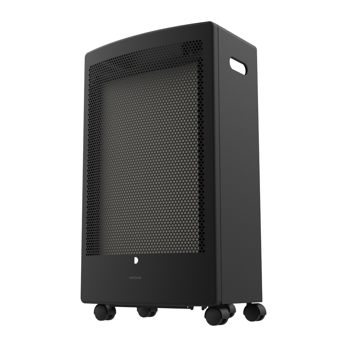 Un calentador portátil negro con ruedas y panel frontal perforado.