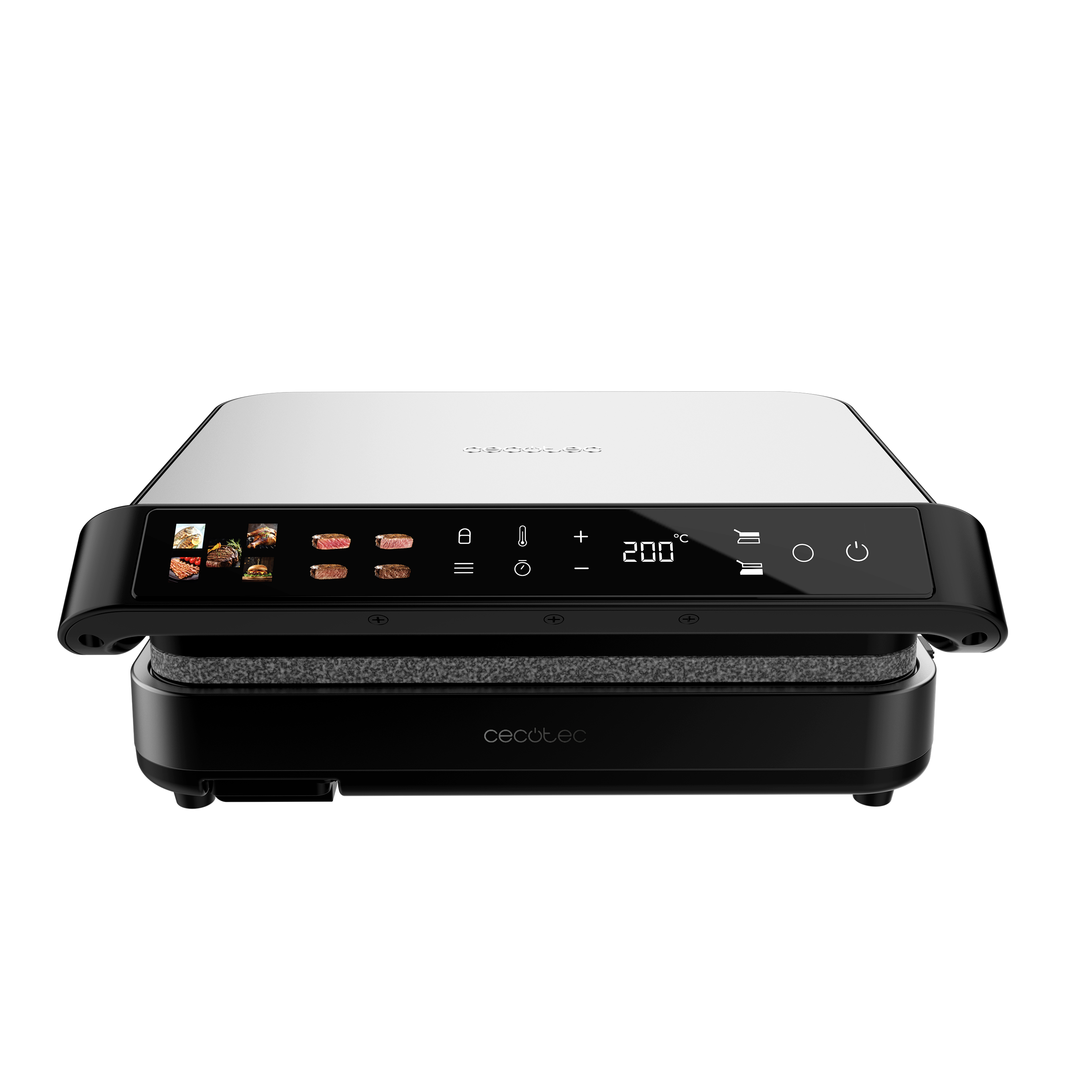 Grill eléctrico con pantalla táctil que muestra 200 grados e imágenes de comida.