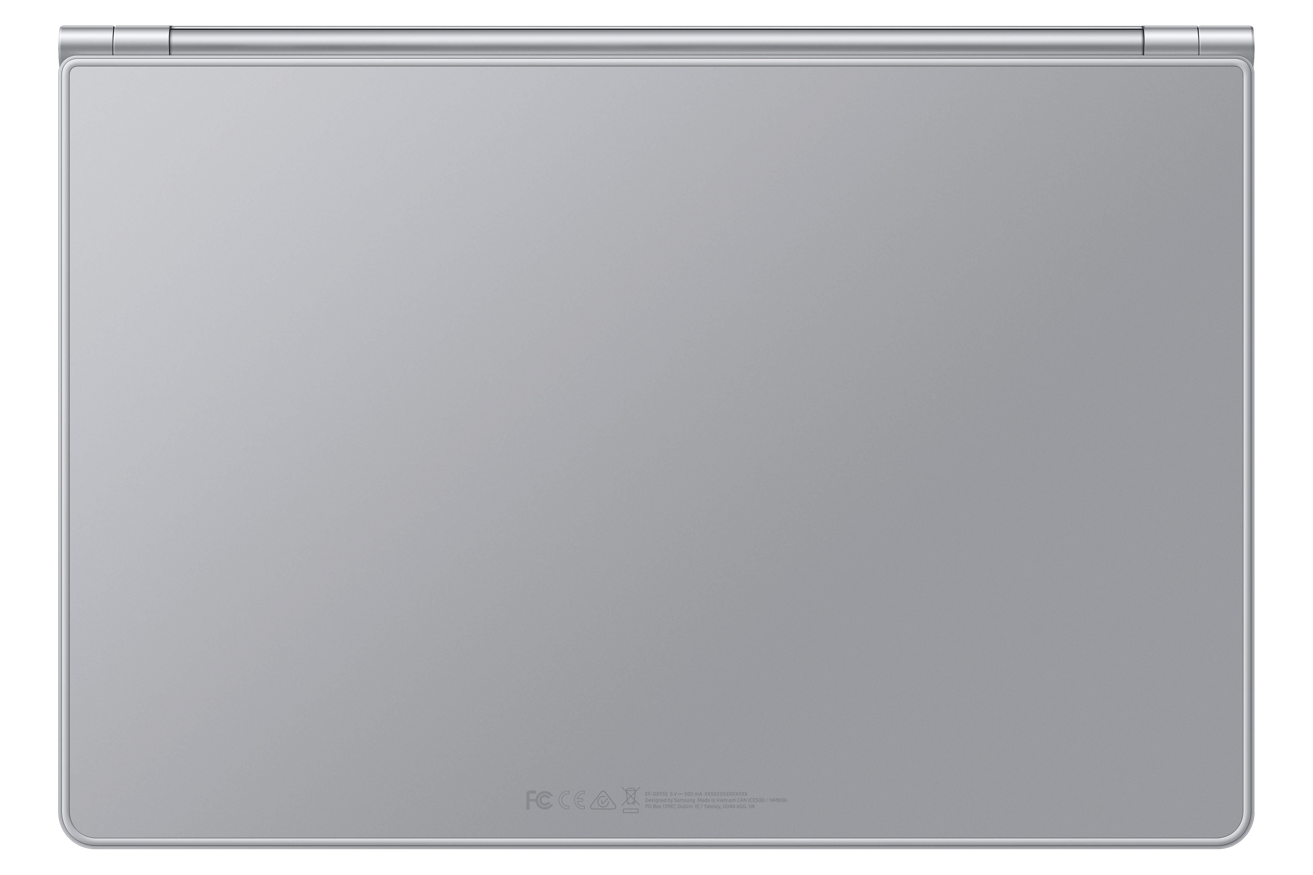 Rückseite eines silbernen Tablets mit FCC- und CE-Zertifizierungen.