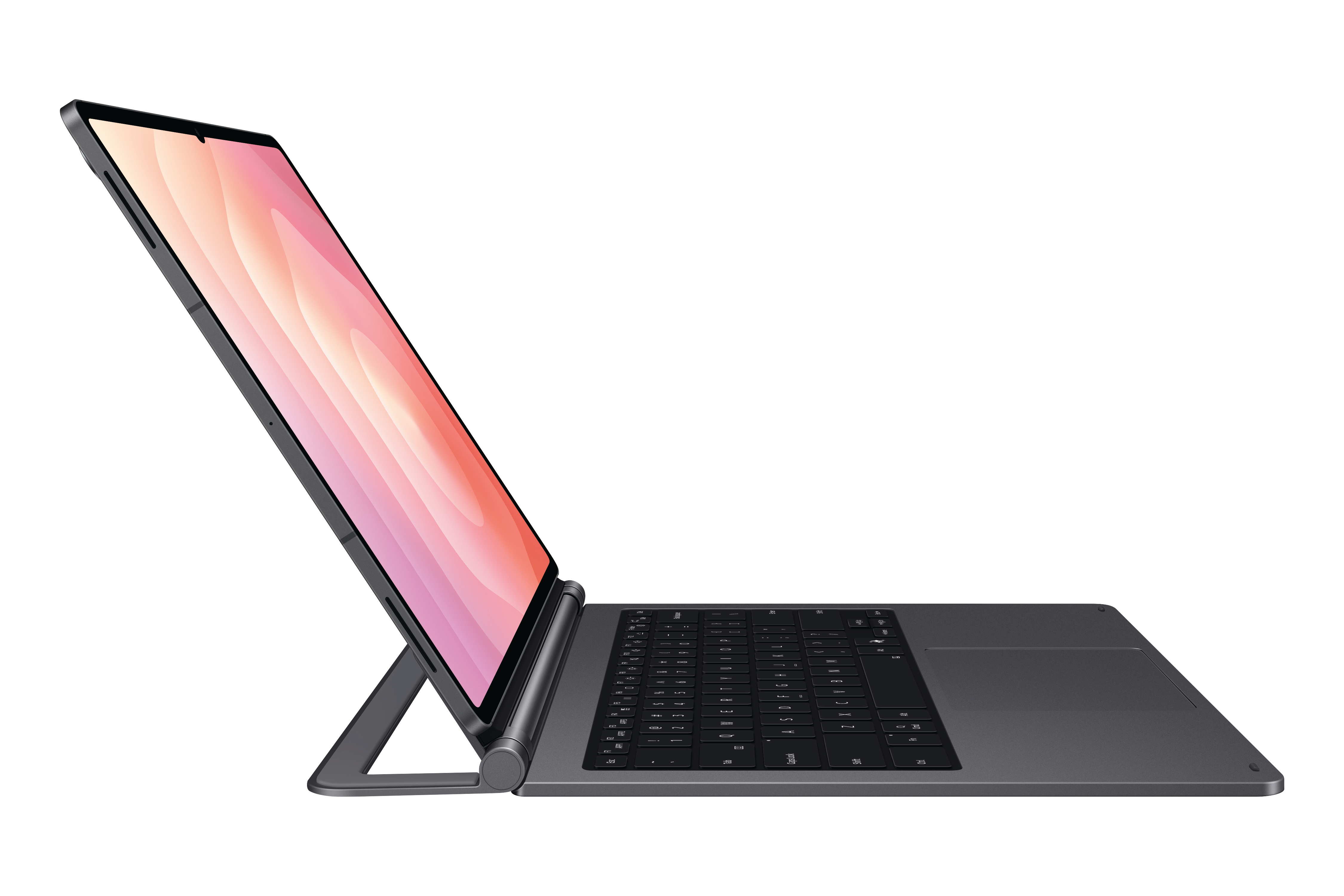Ein dunkler Laptop mit geöffnetem Bildschirm und Tastatur auf weißem Hintergrund.