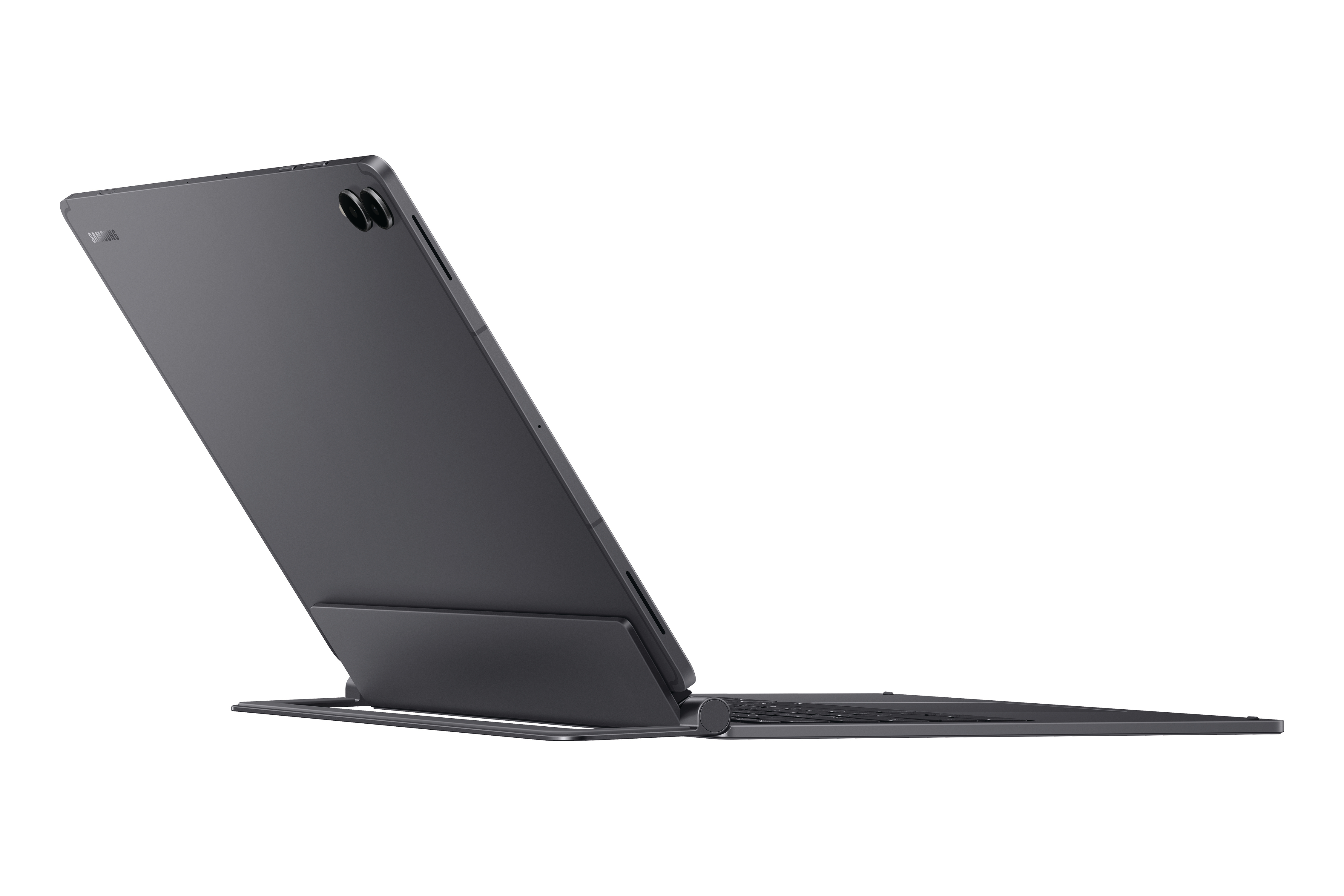 Dunkelgraues Tablet mit Ständer und Tastatur, von hinten.