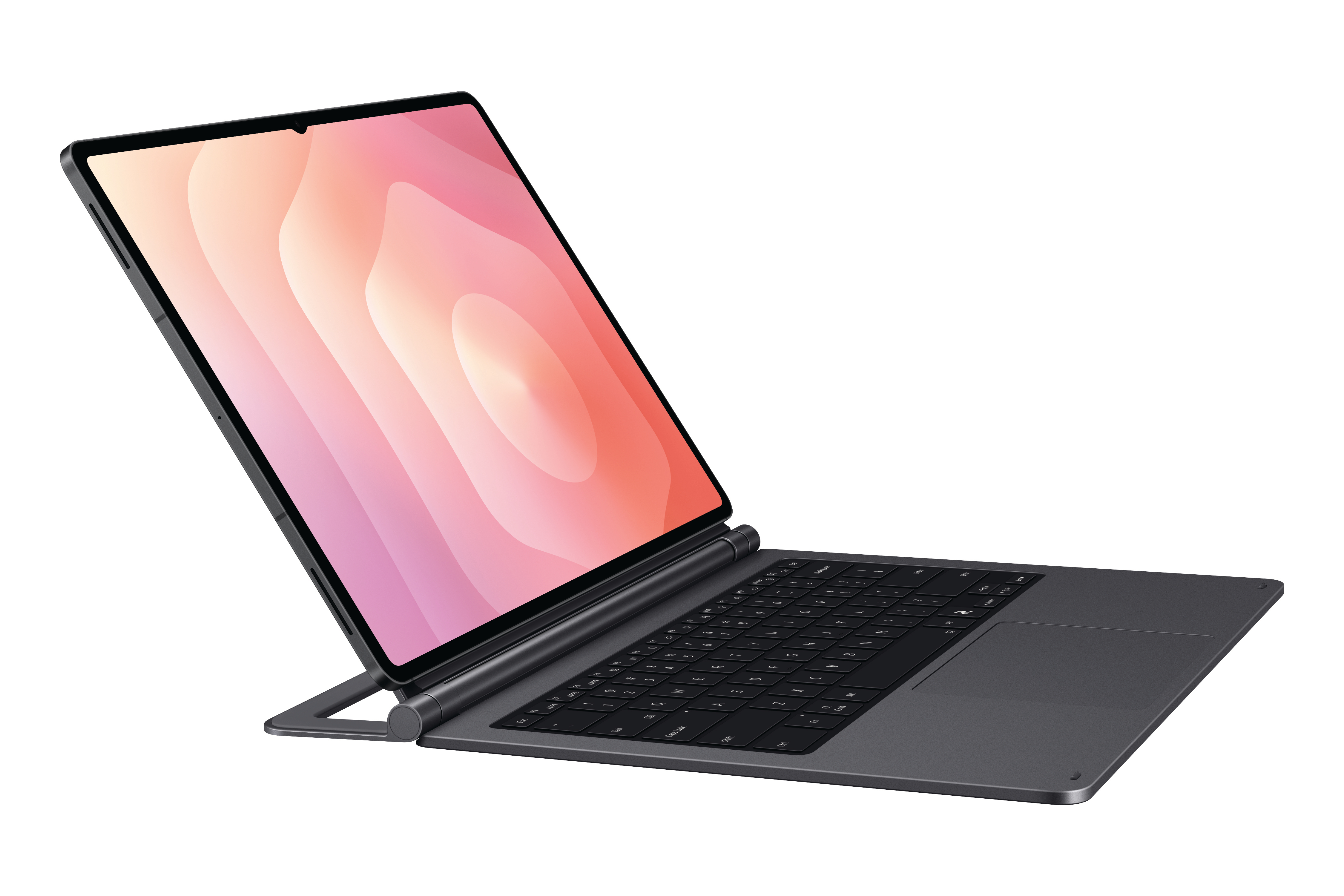 Ein dunkler Laptop mit einem rosa und orangen Hintergrundbild auf dem Bildschirm.