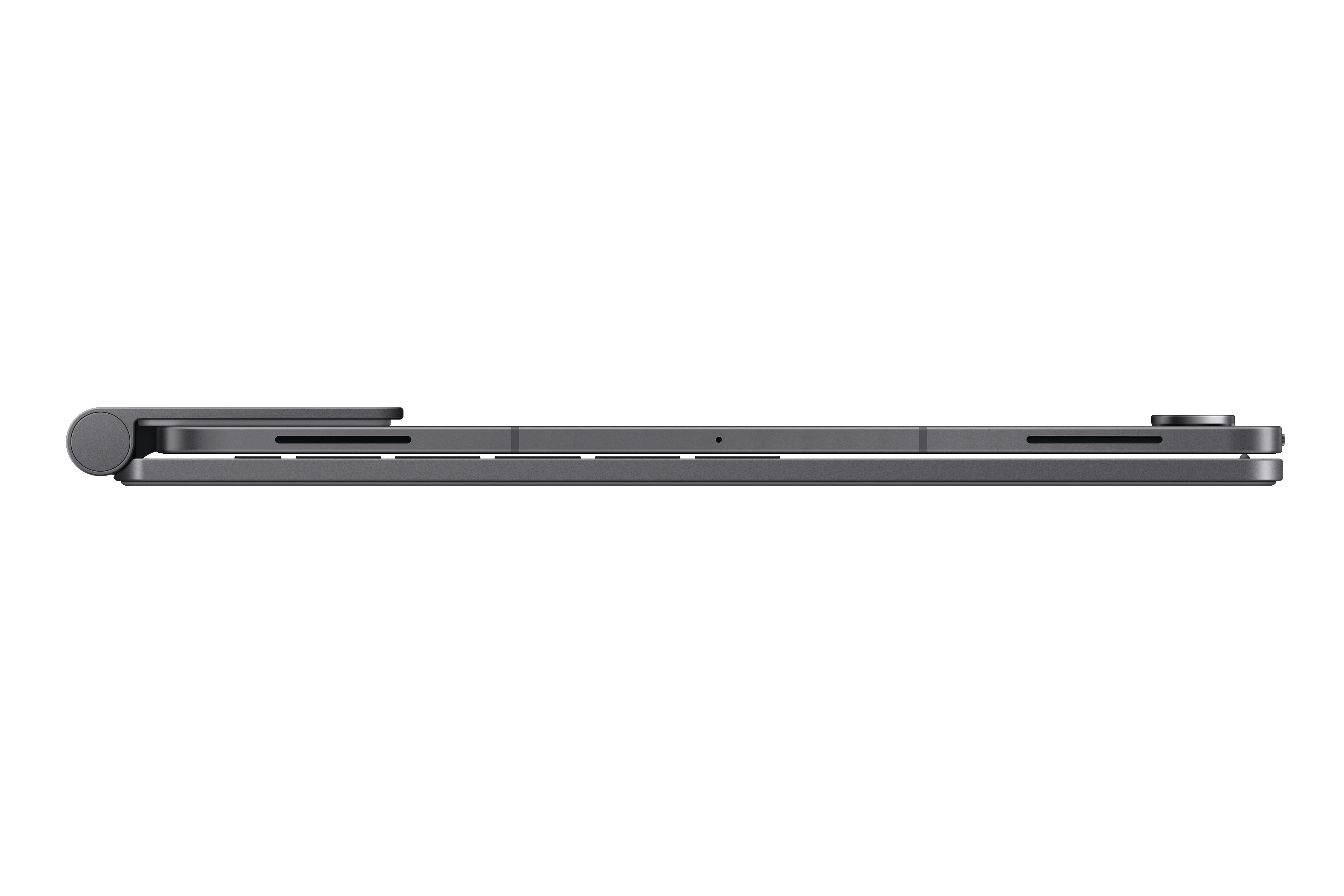 Graues Tablet im Seitenprofil mit abgerundeter Ecke und Ladeanschluss.
