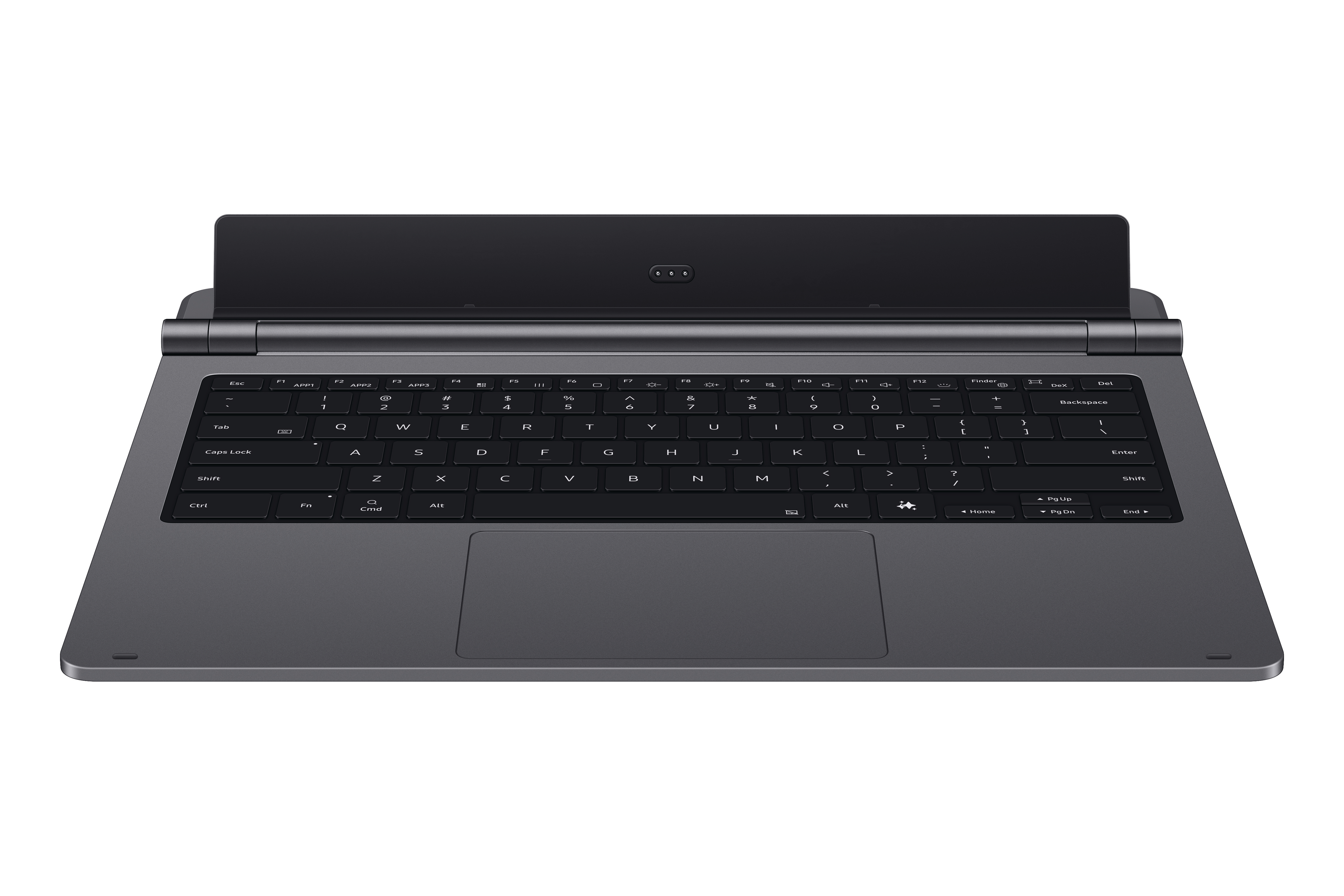 Ein graues Tablet-Tastatur-Dock mit schwarzer Tastatur und Touchpad.