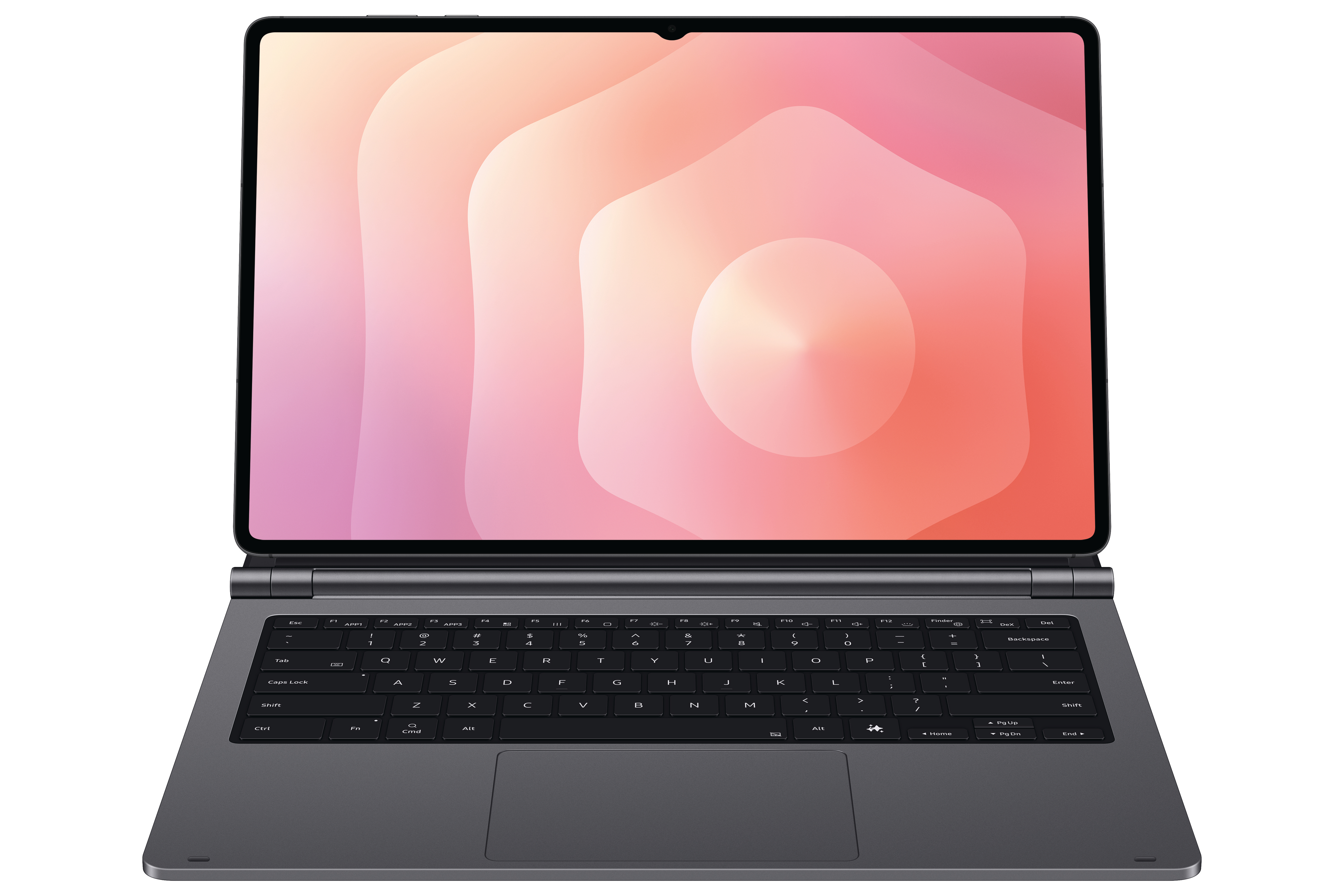 Ein dunkelgraues Tablet mit Tastaturständer. Der Bildschirm zeigt abstrakte rosa und orange Formen.