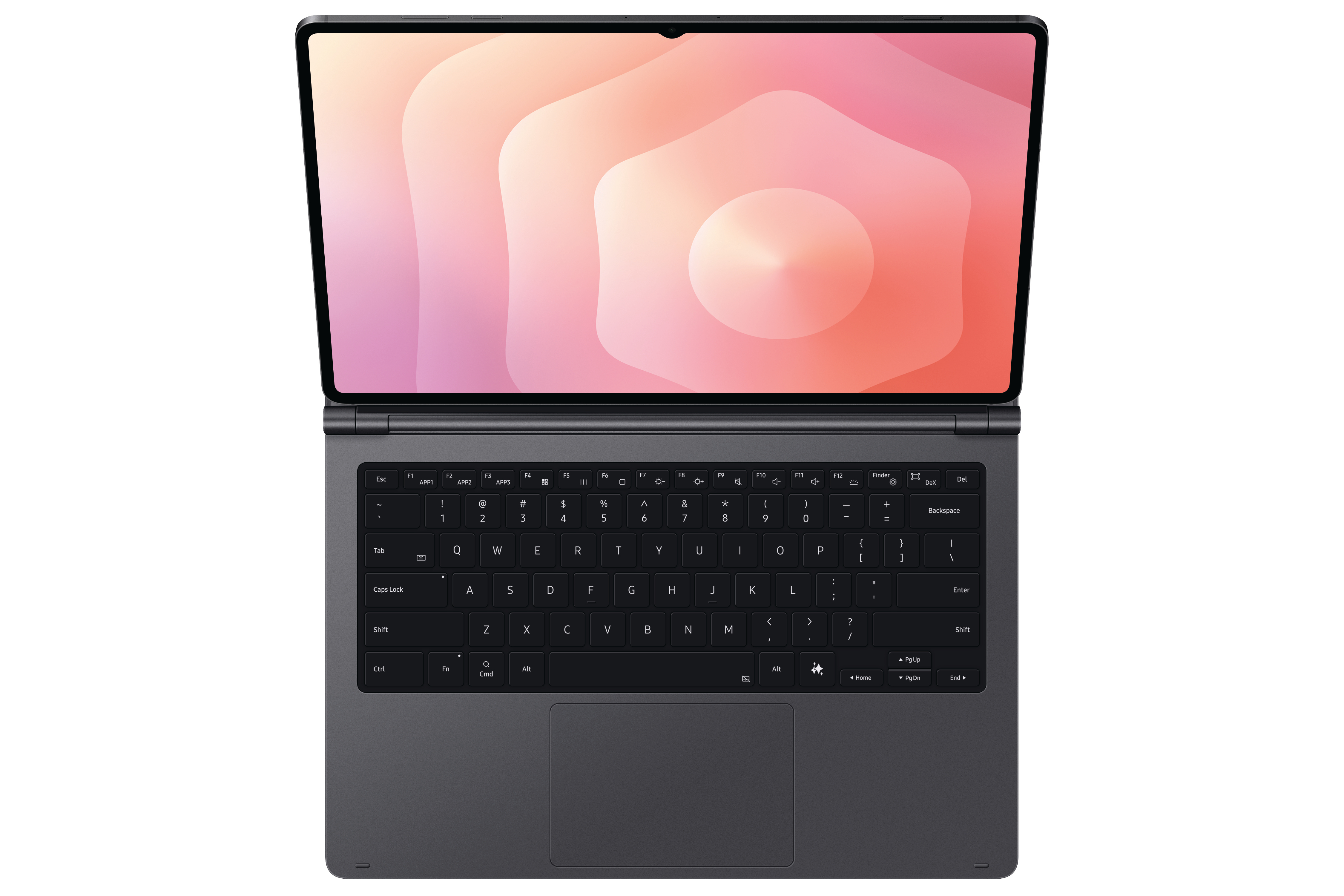 Ein offener Laptop mit dunkler Tastatur und hellem Hintergrundbild.