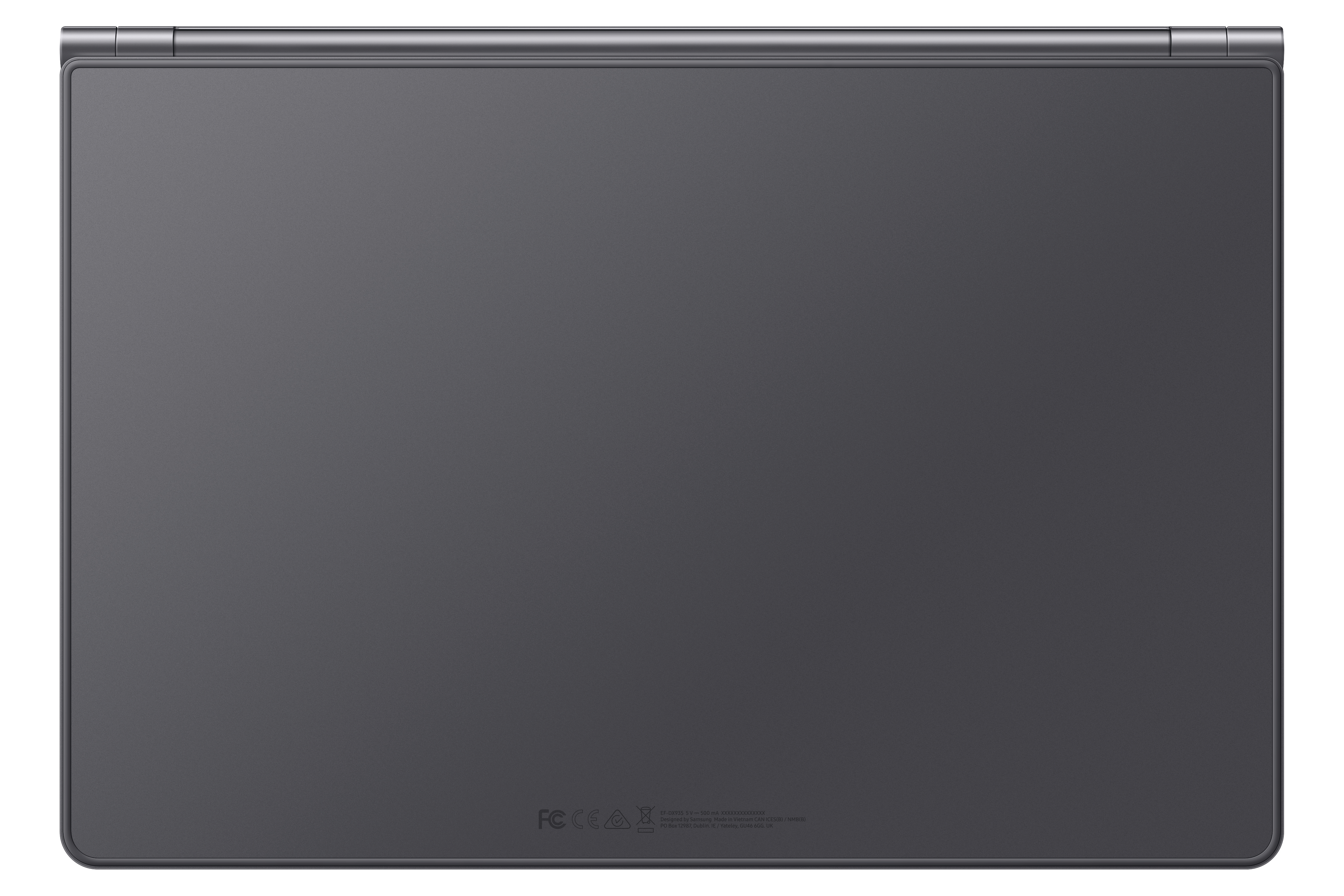 Die Rückseite eines dunklen, rechteckigen Tablets mit silbernem Scharnier oben.
