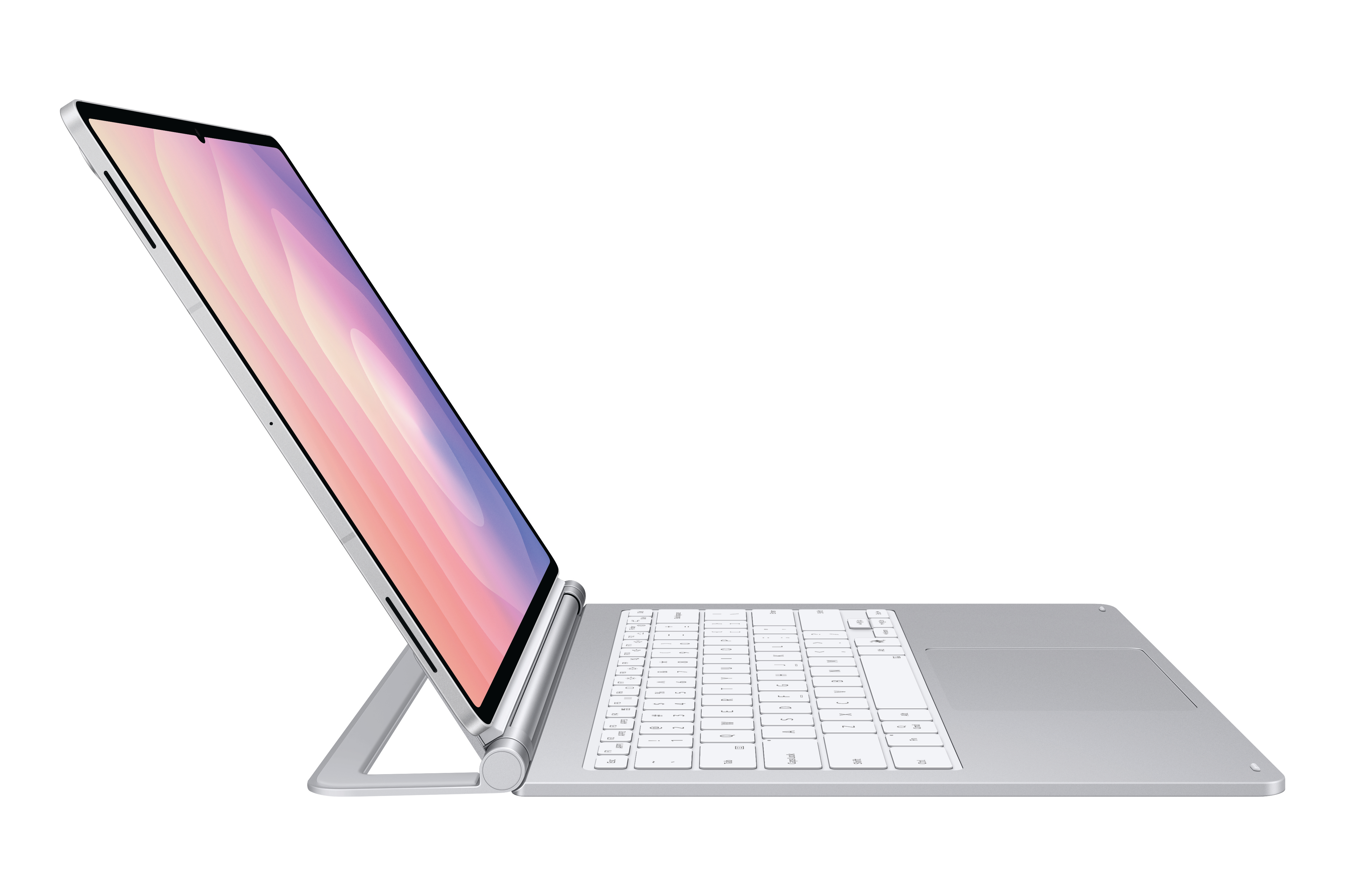 Ein silbernes Laptop-Gerät mit einem aufgeklappten Bildschirm, der ein Farbverlaufshintergrundbild anzeigt.