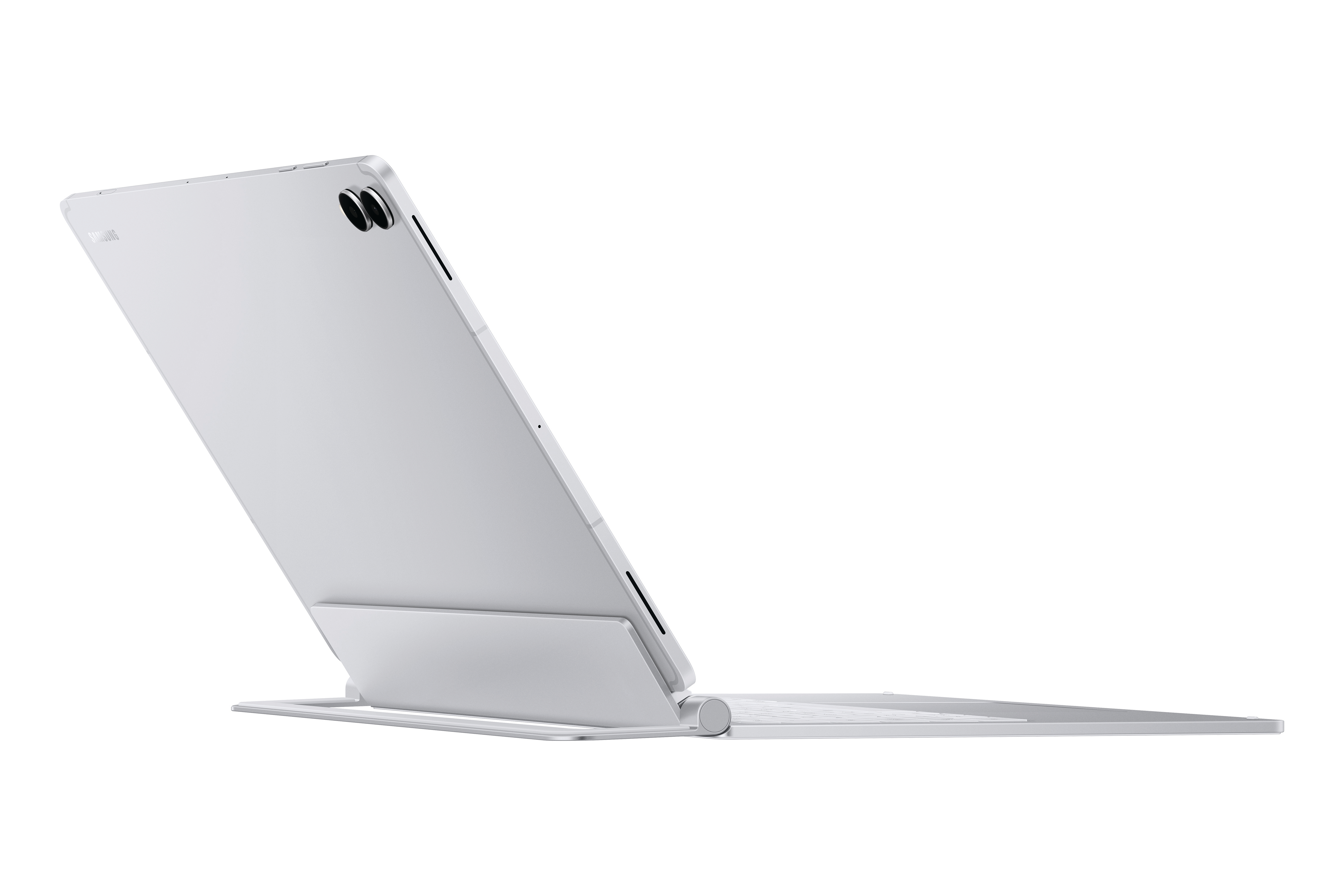 Ein weißes Tablet mit Ständer und Tastatur, von hinten gesehen.
