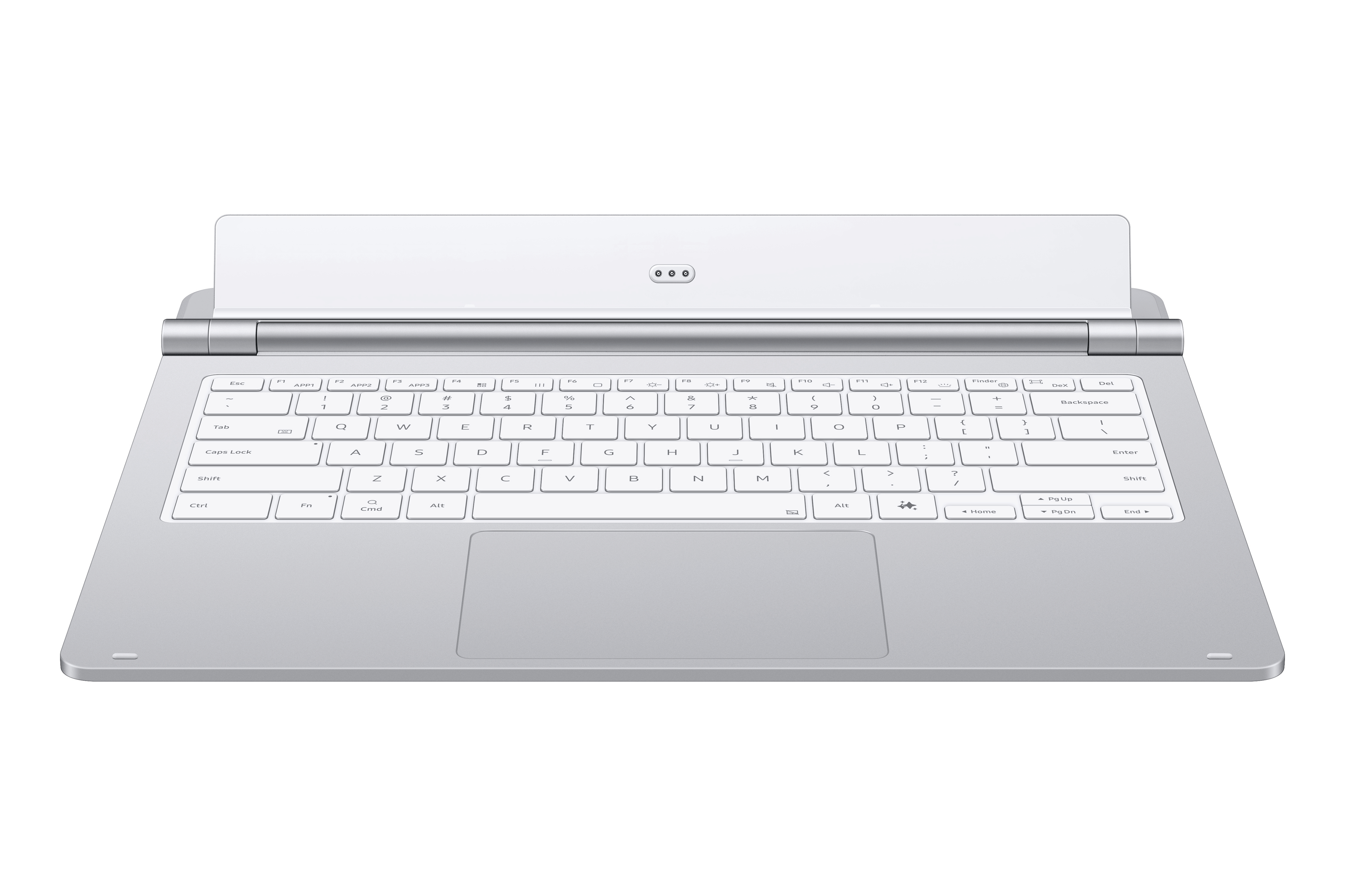 Ein silbernes Tablet-Keyboard mit weißen Tasten und einem Touchpad.