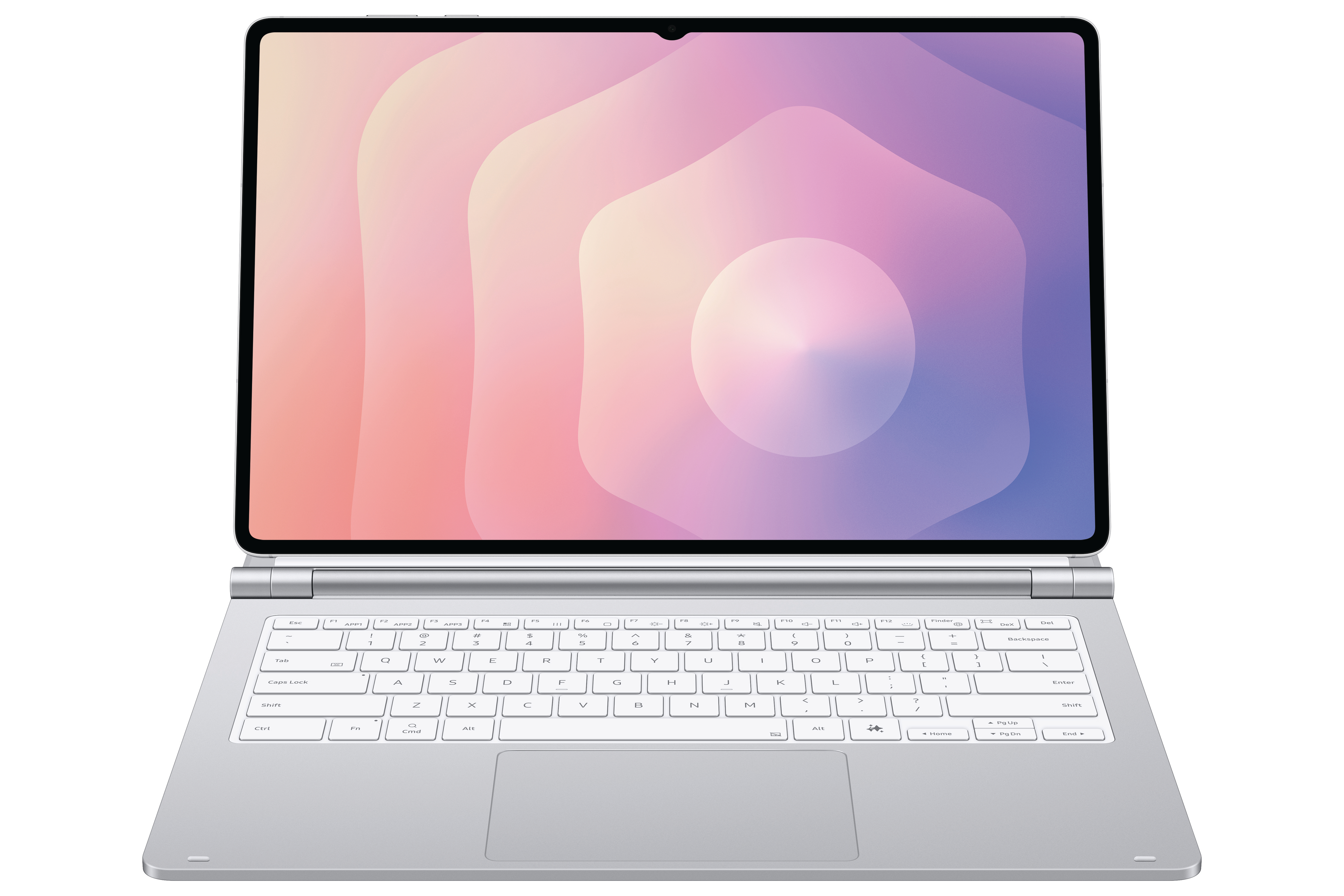 Ein silbernes Laptop-Tablet mit einer Tastatur und einem Touchpad, das auf einem weißen Hintergrund steht.