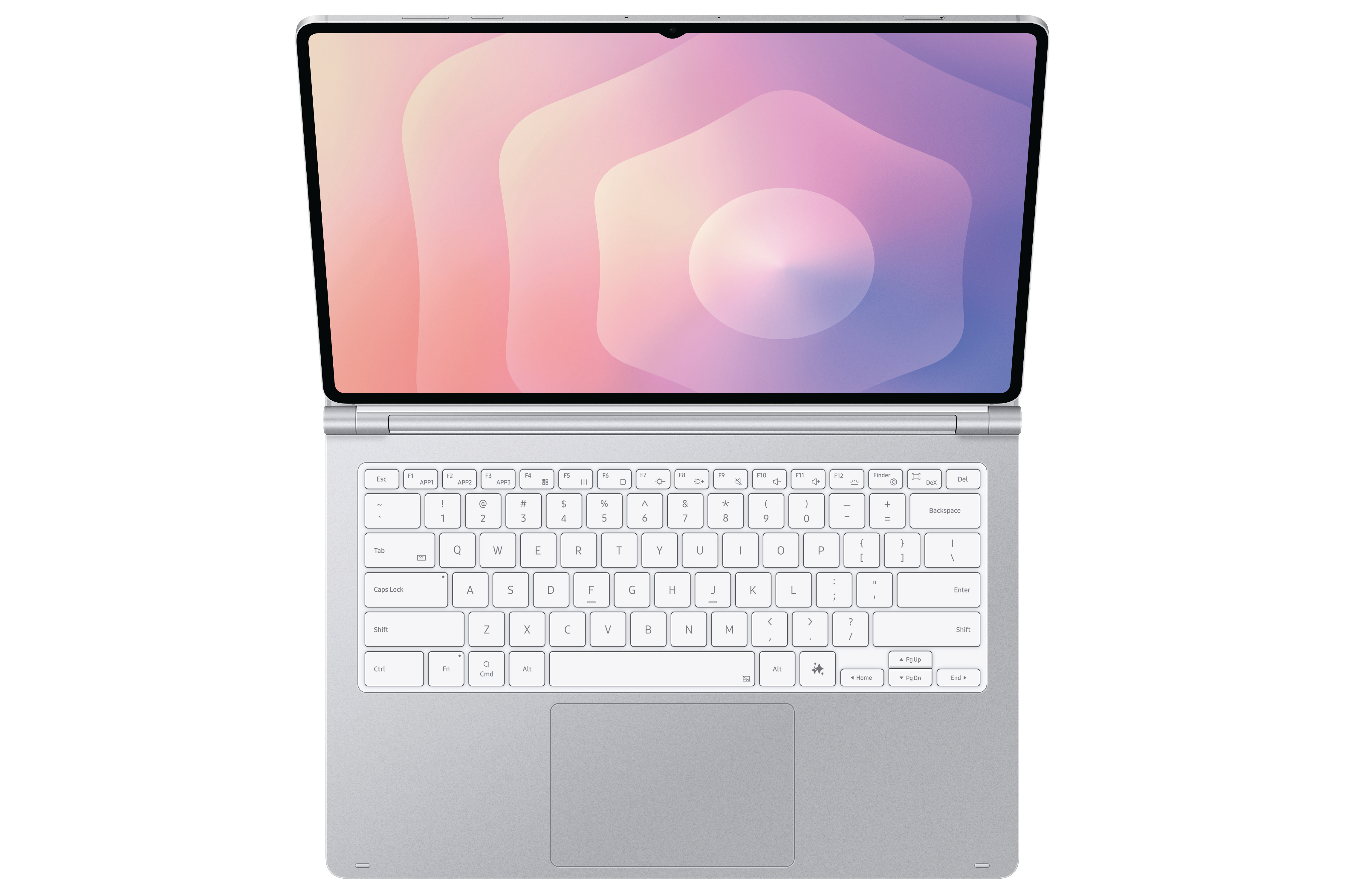 Ein silberner Laptop ist geöffnet und zeigt eine Tastatur und einen bunten abstrakten Hintergrund auf dem Bildschirm.