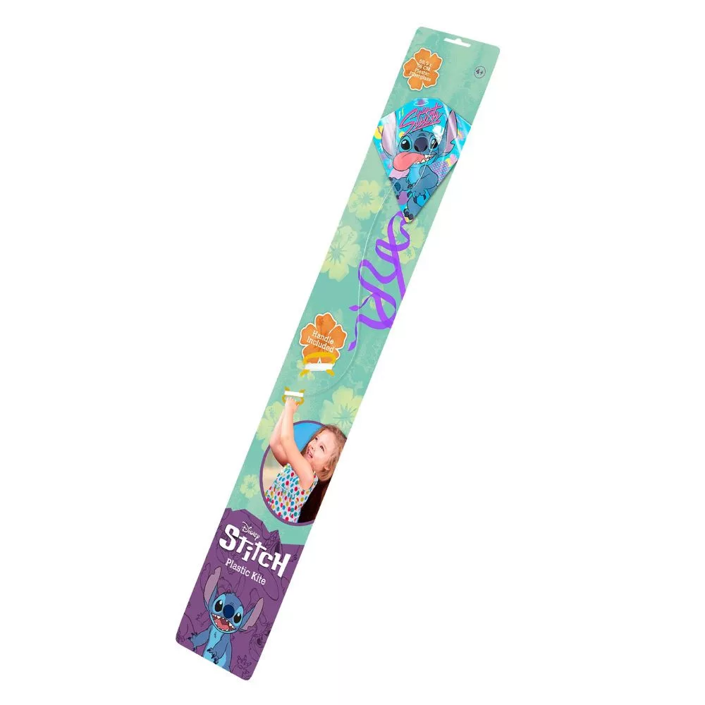 Disney Stitch műanyag sárkány fogantyúval és lila szalaggal, virágos türkiz háttéren.