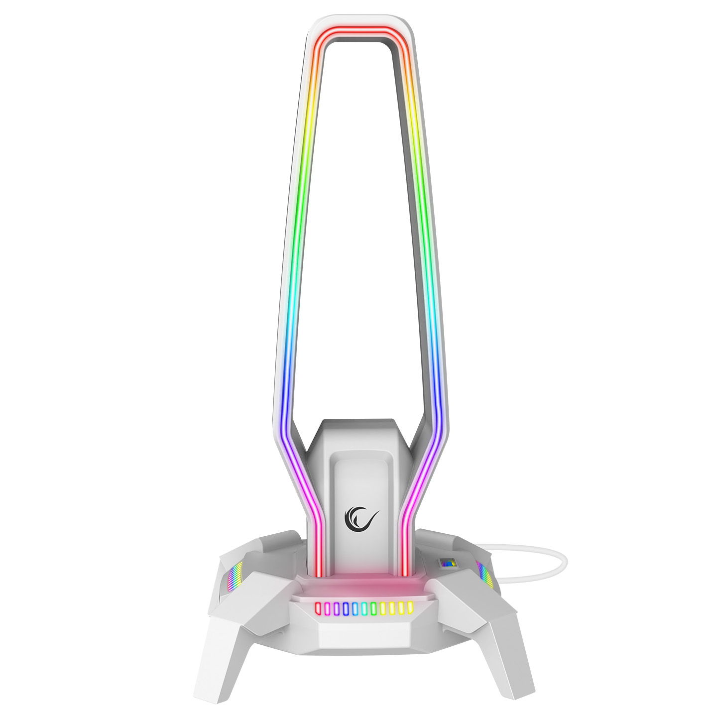 Kavisli üst ve tabana sahip beyaz RGB aydınlatmalı stant.