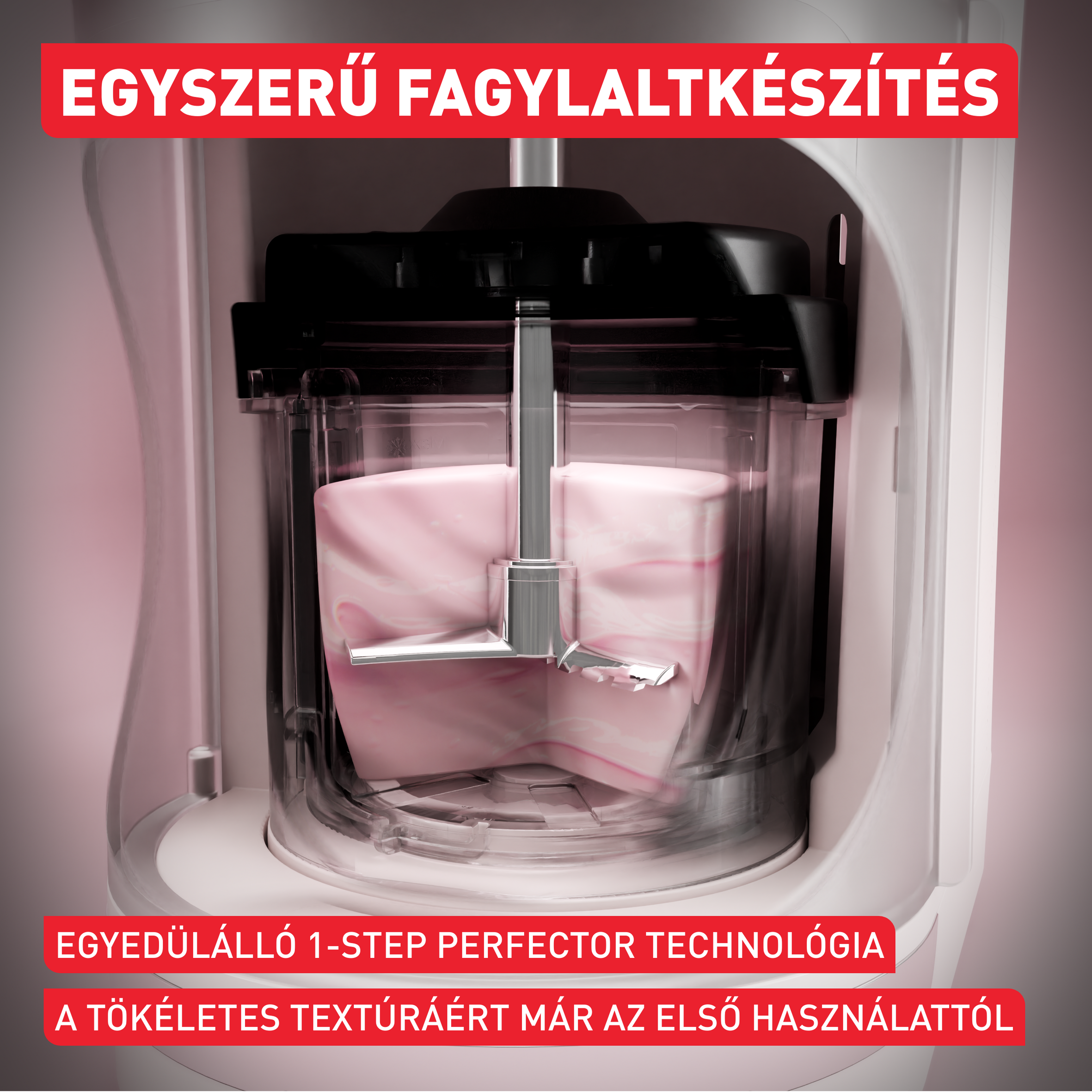 Fagylaltgép rózsaszín masszával és keverőlapáttal. Magyar szöveg.