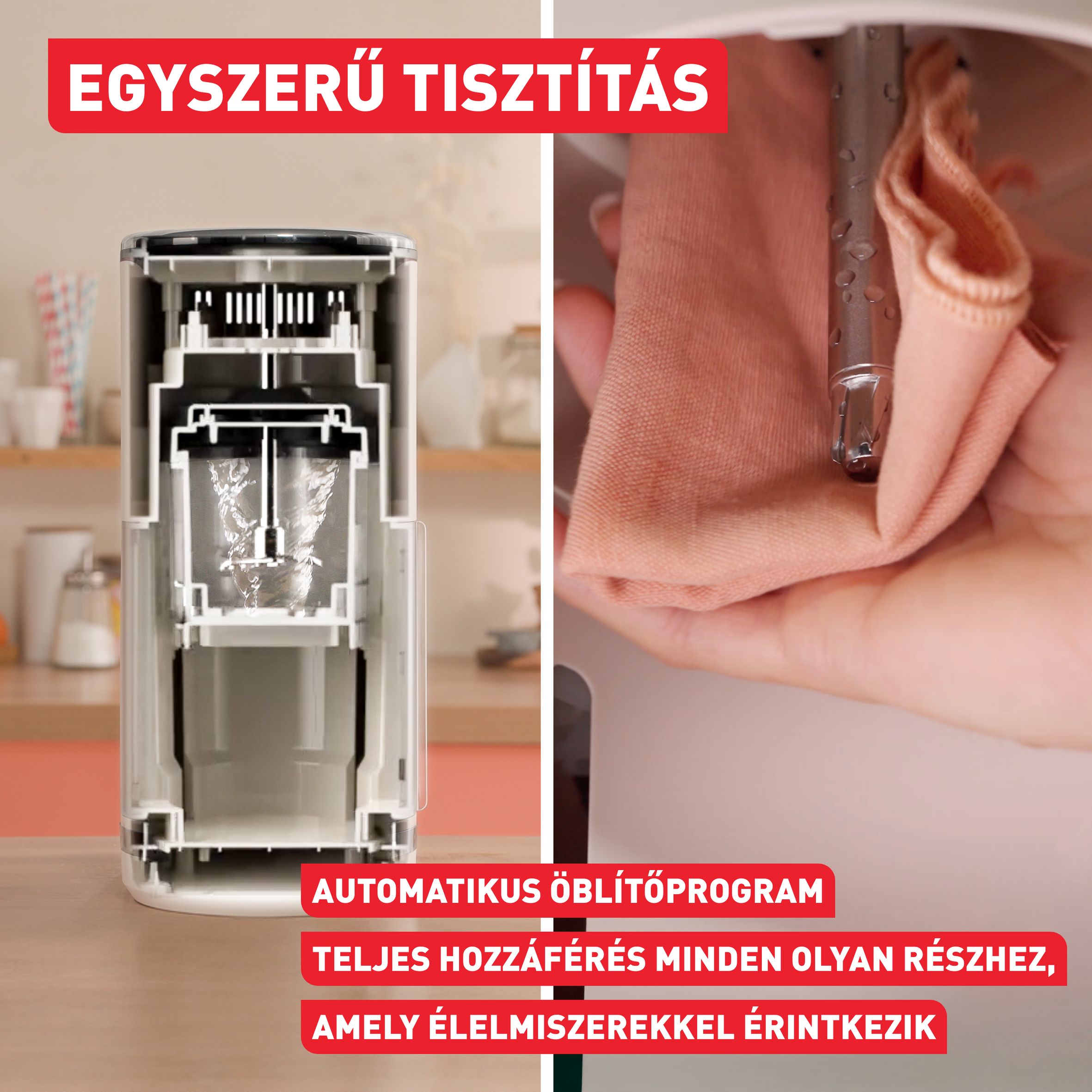 Készülék átlátszó tartállyal és vízcseppes fém rúddal.