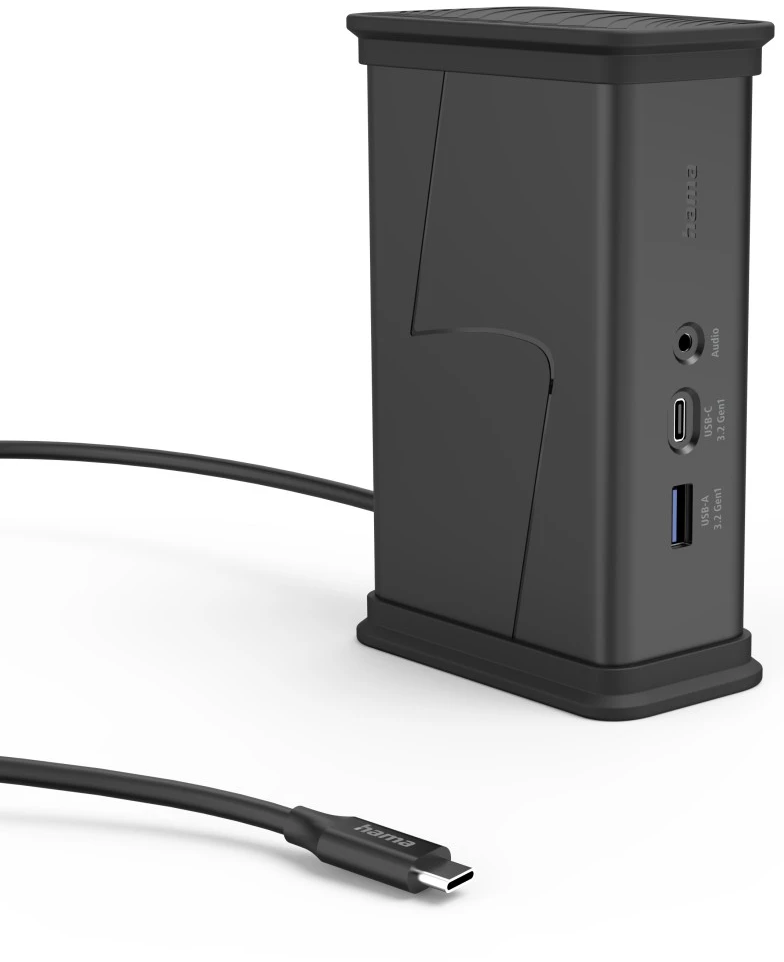 Hub USB-C noir avec ports et câble sur fond blanc.