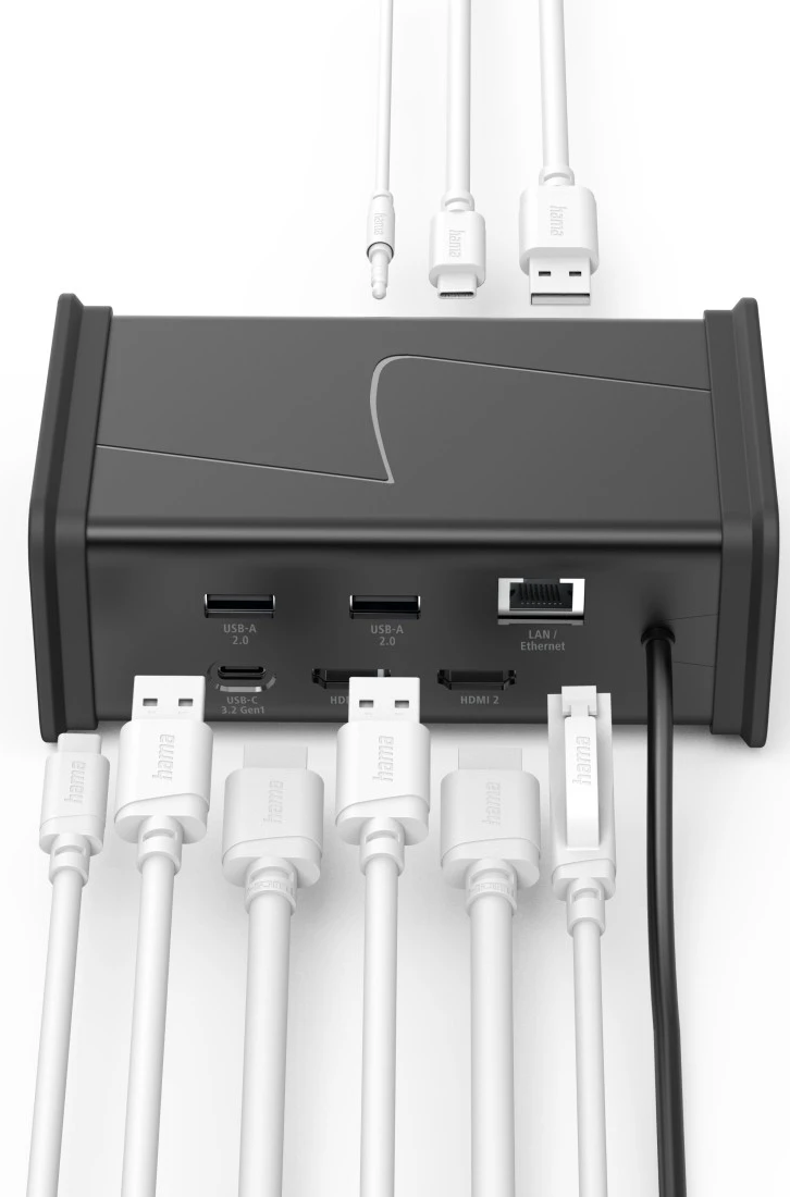 Hub noir avec plusieurs ports : USB-A, USB-C, HDMI, LAN. Câbles blancs connectés.