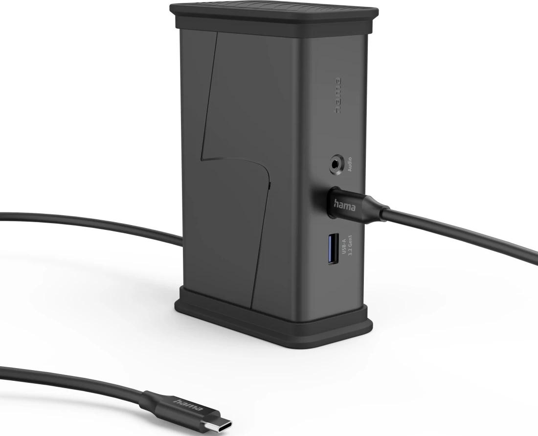 Une station d'accueil Hama noire avec ports USB-A et audio.