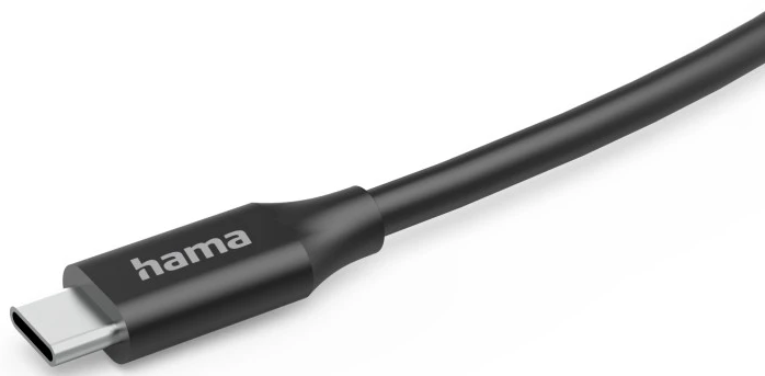 Un câble USB-C noir avec le logo Hama sur le connecteur.