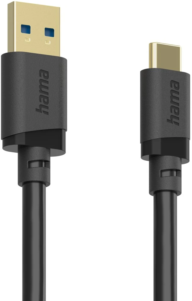 Zwei schwarze Hama-Kabel mit USB-A und USB-C-Anschlüssen mit Goldkontakten.